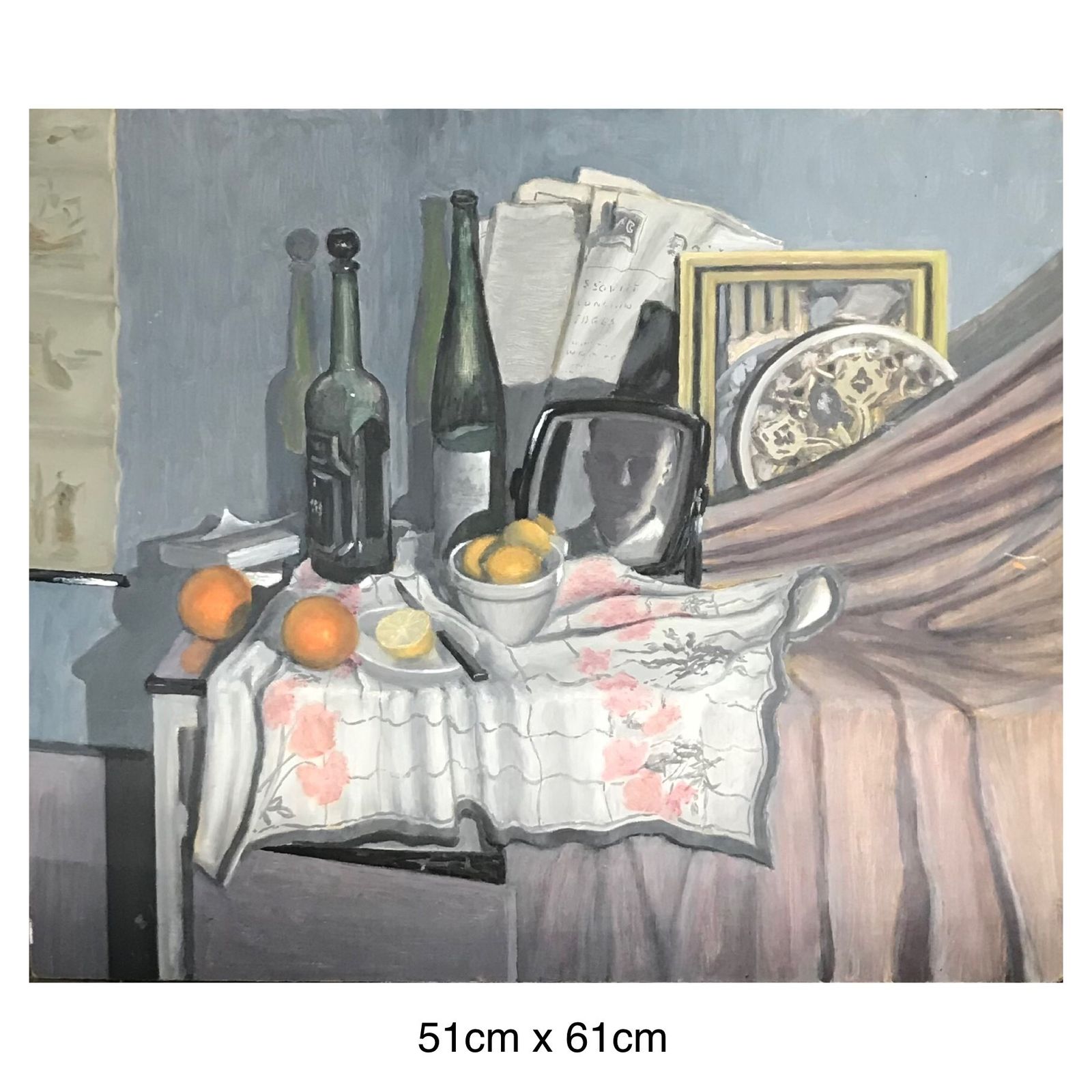 20th Century Still Life Oil On Board  Of A Tablescape With A Reflected Portrait And Newspaper With A Soviet Headline photo vintage