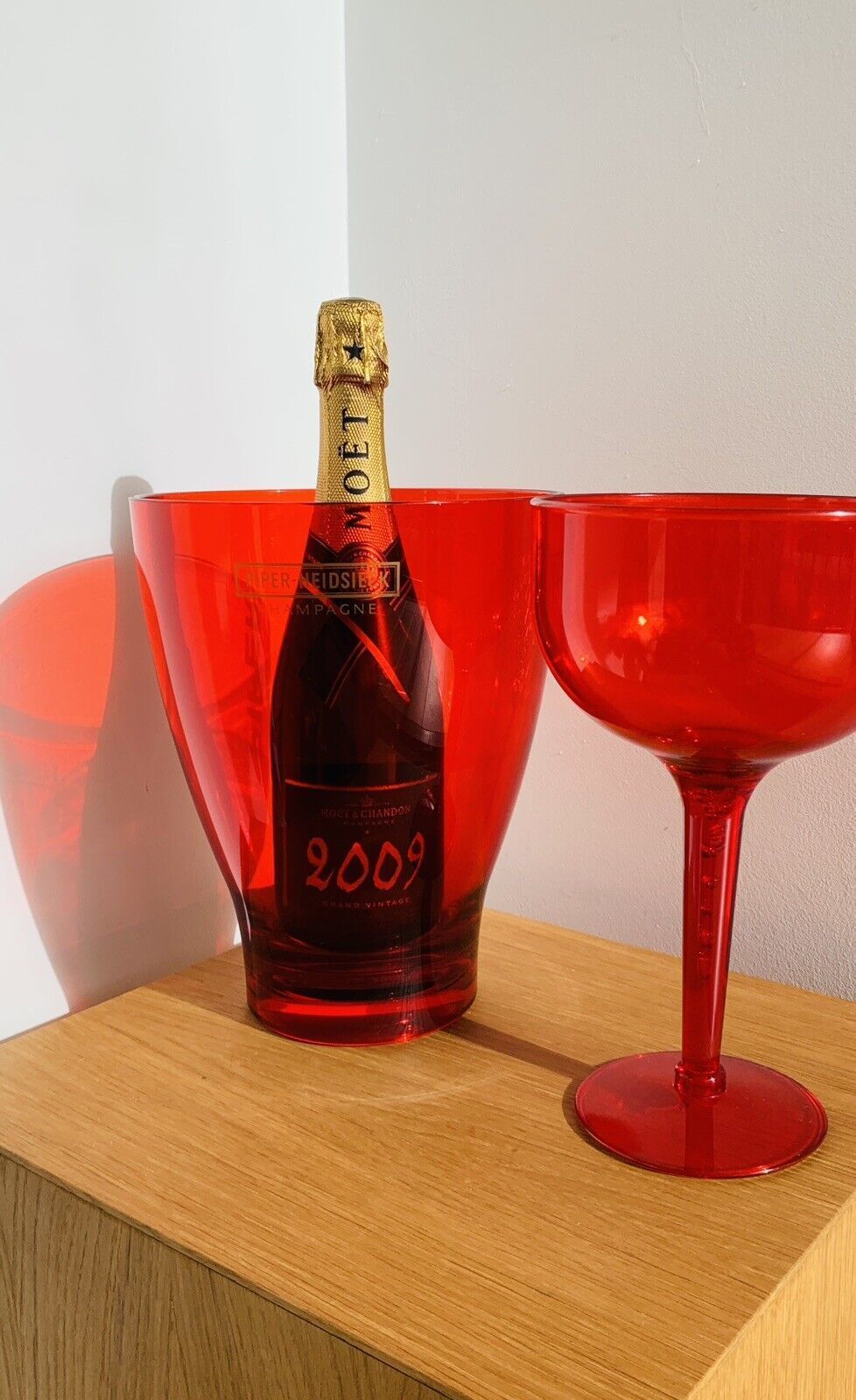 Home Decor Red Acrylic French Piper Heidsieck Champagne Ice Bucket & Giant Glass photo
