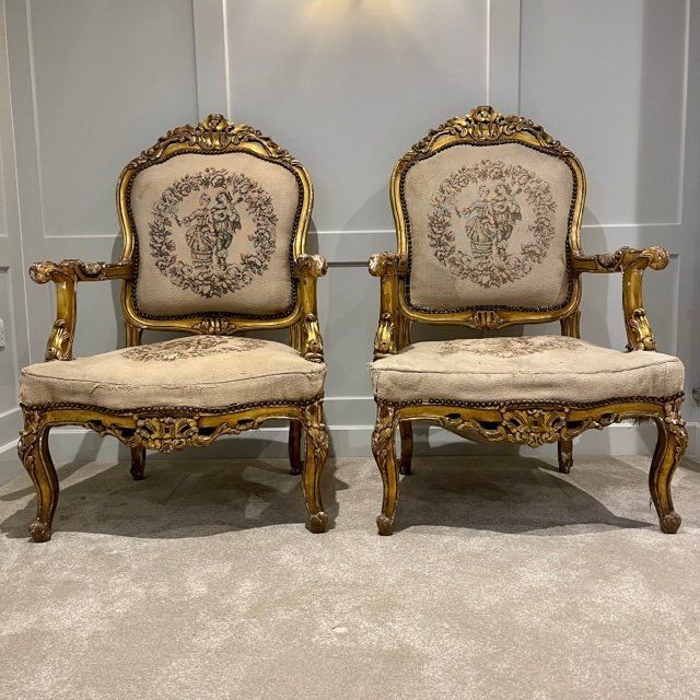 Pair Of Louis XV Style French Tapestry Gilt Wood Fauteuil Chairs