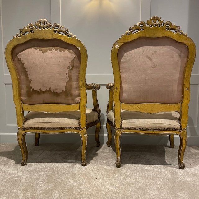 Pair Of Louis XV Style French Tapestry Gilt Wood Fauteuil Chairs photo for sale