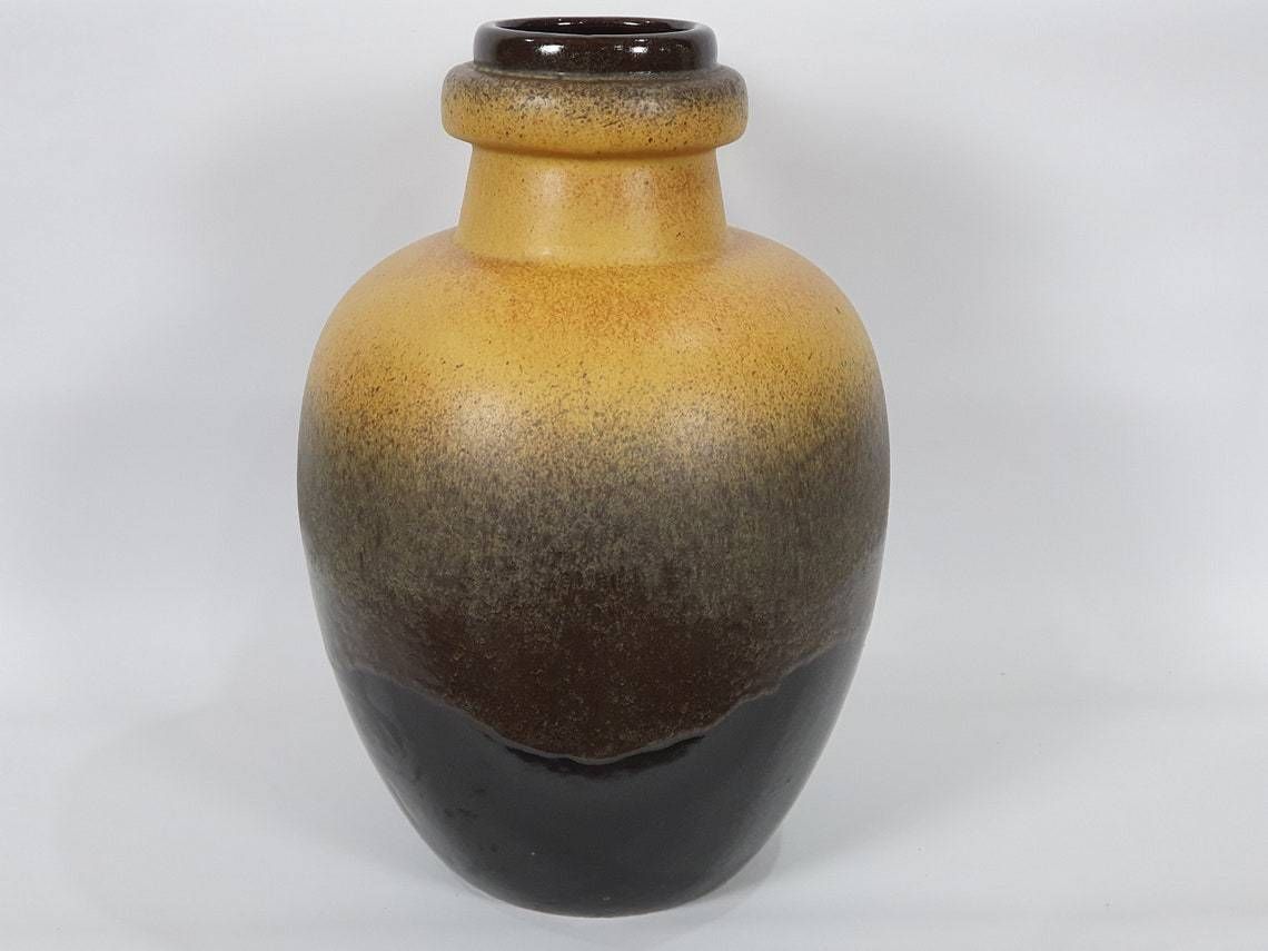 Very Large West German Pottery Fat Lava Handled Floor Vase In A Striking Mustard And Brown Glaze: Scheurich 486 48 photo furniture