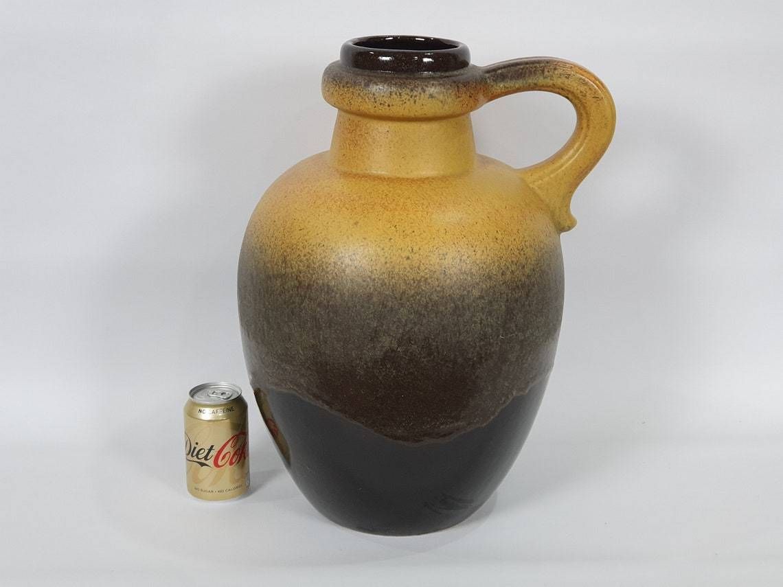 photo furniture Very Large West German Pottery Fat Lava Handled Floor Vase In A Striking Mustard And Brown Glaze: Scheurich 486 48
