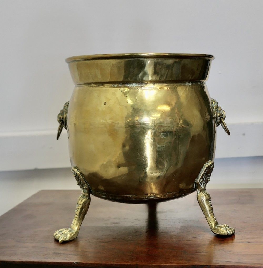 Large Victorian Brass Jardinière With Lions Mask & Hairy Paw Feet