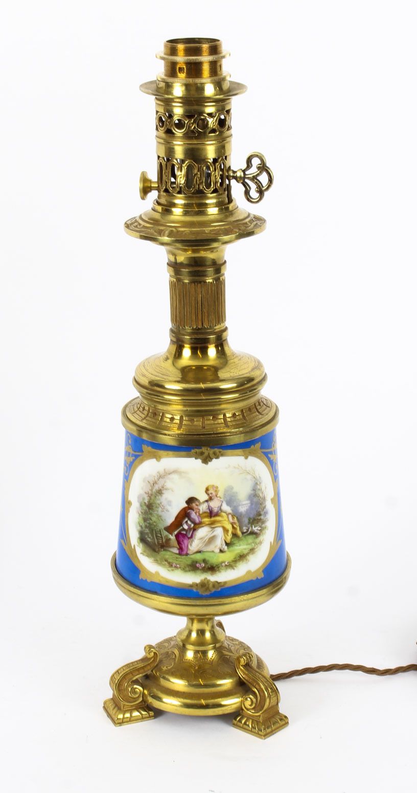 photo for sale Antique Pair Large French Bleu Celeste Sevres Vases Lamps 19th C