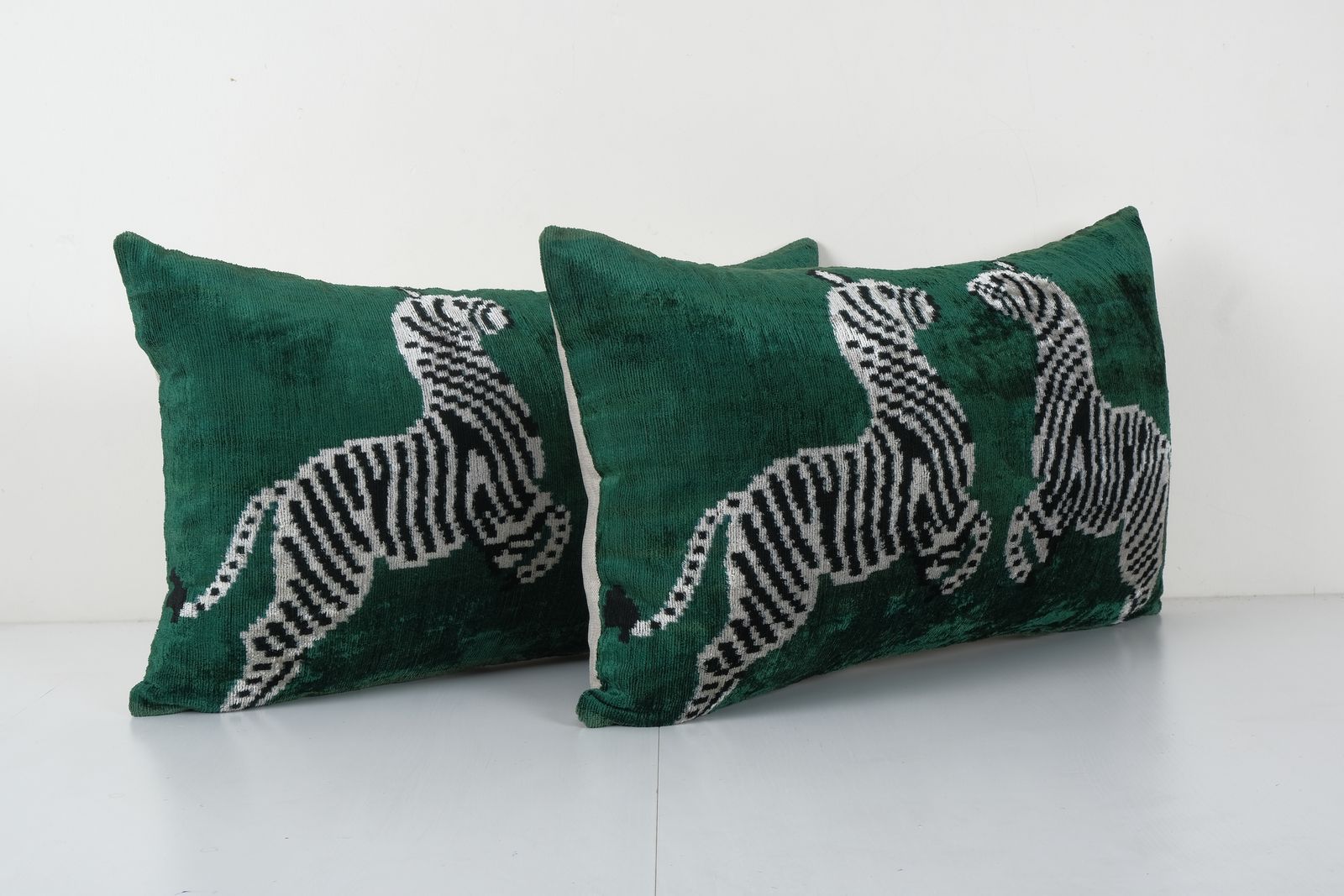 Pair Zebra Ikat Velvet Pillow, Set Animal Silk Lumbar Cushion Cover, Boho Pillow 16'' X 24'' photo Textiles