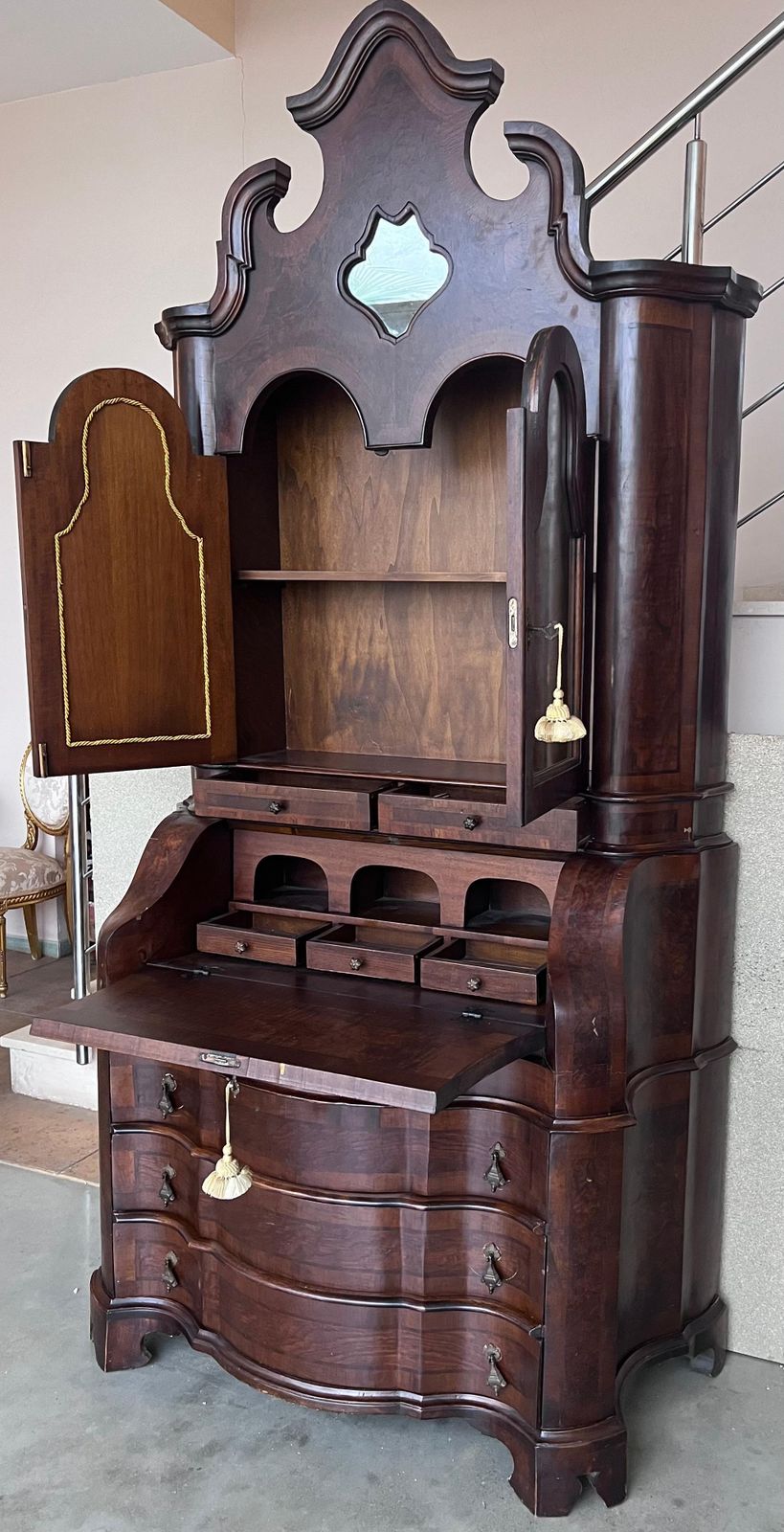 Antique Italian Baroque Style Burl Walnut Secretary Cabinet photo vintage