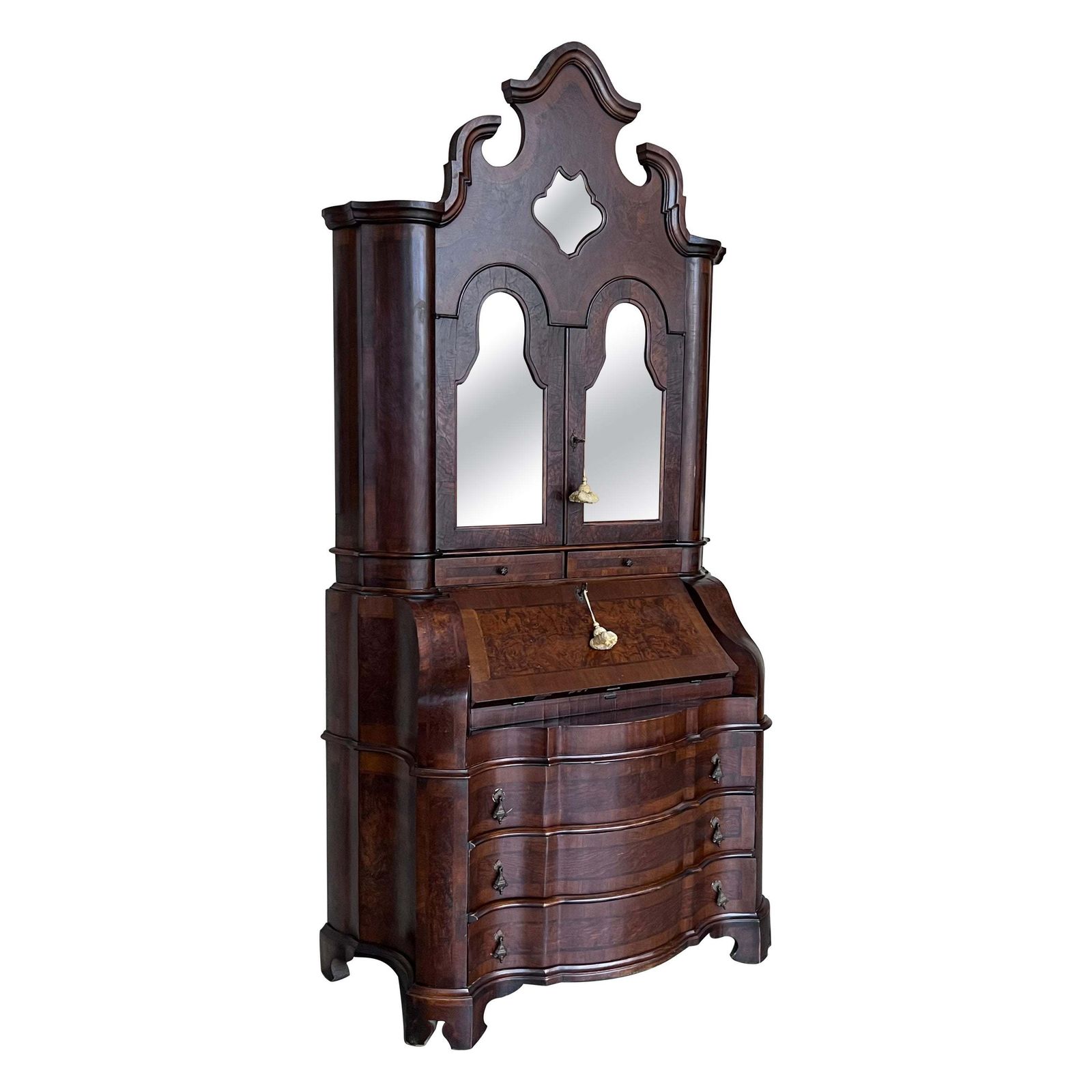 Antique Italian Baroque Style Burl Walnut Secretary Cabinet