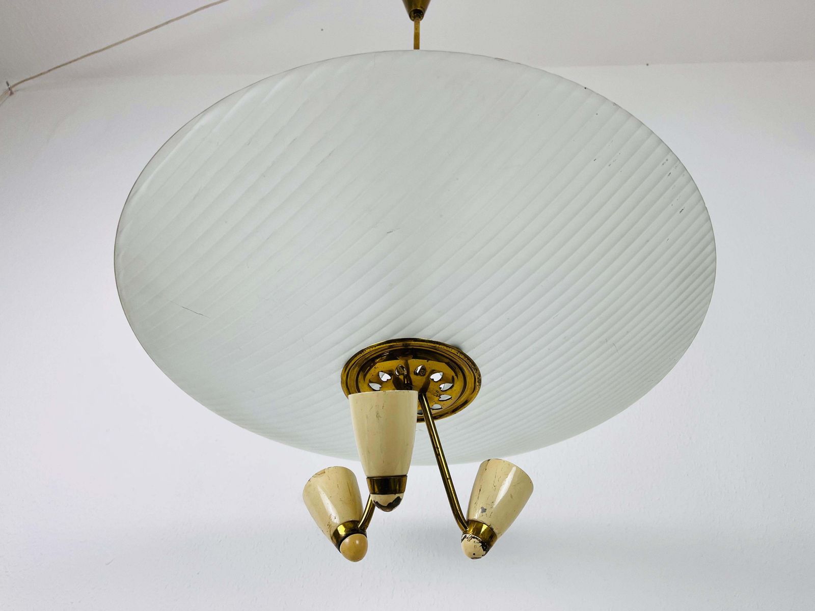photo for sale Italian Midcentury Brass And Glass Chandelier, 1950s