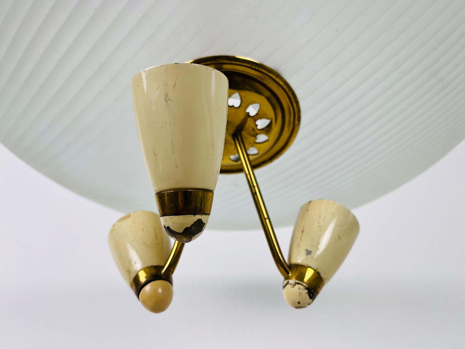 Lighting Italian Midcentury Brass And Glass Chandelier, 1950s photo