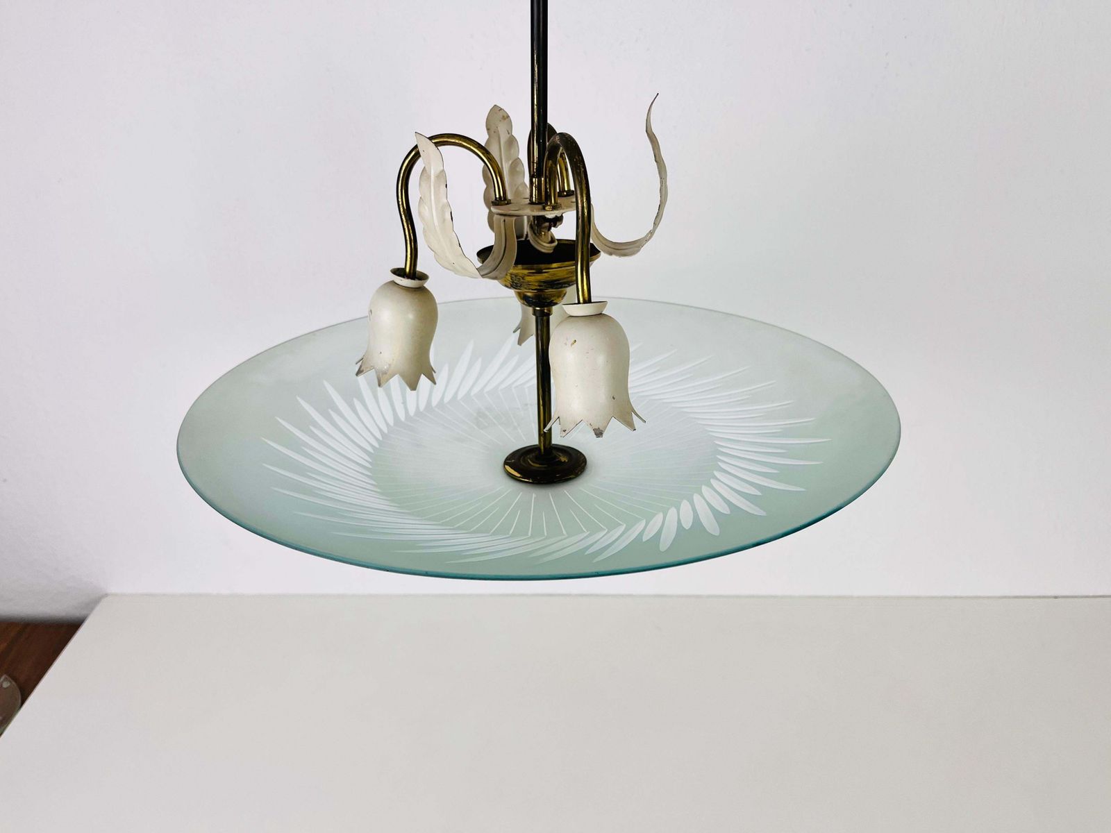 photo for sale Italian Brass And Glass Chandelier In The Style Of Pietro Chiesa, 1950s