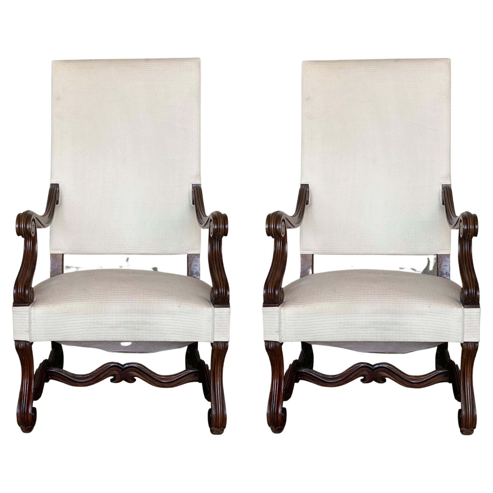 Louis XVI Style Spanish Pair Of Carved Walnut Armchairs 1900s