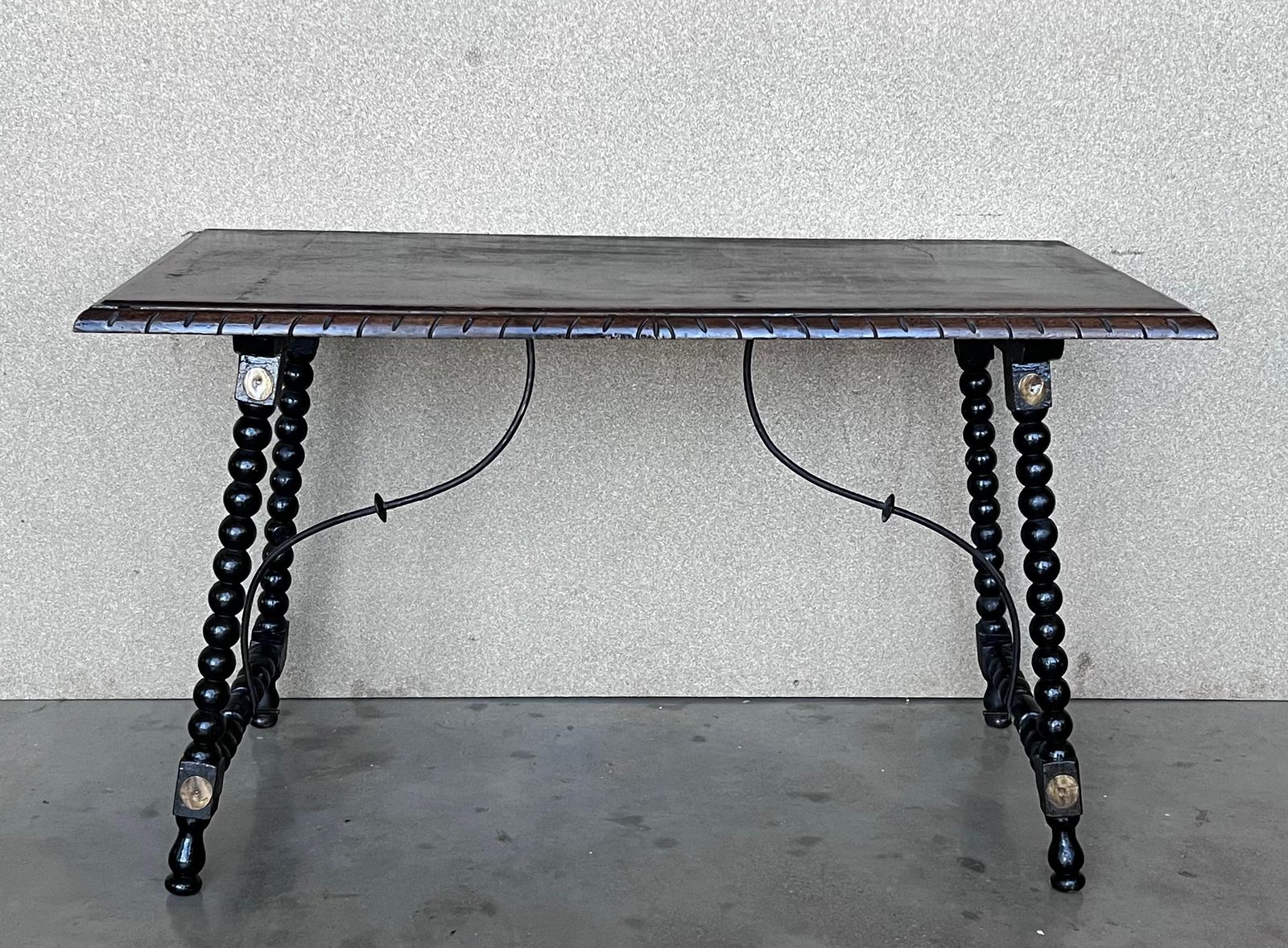 19th Spanish Walnut Side Table With Turned Legs And Iron Stretcher photo furniture