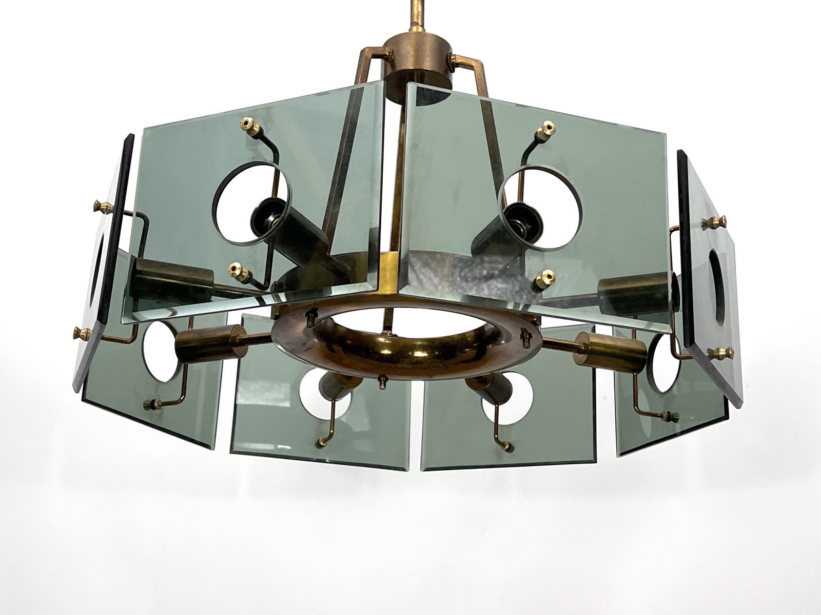 Gino Paroldo, Modernist Brass And Smoked Glass Chandelier. Italy 1960s photo for sale
