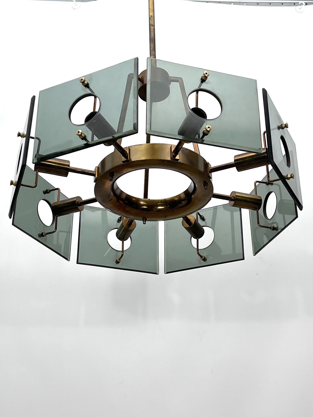 Gino Paroldo, Modernist Brass And Smoked Glass Chandelier. Italy 1960s photo Lighting