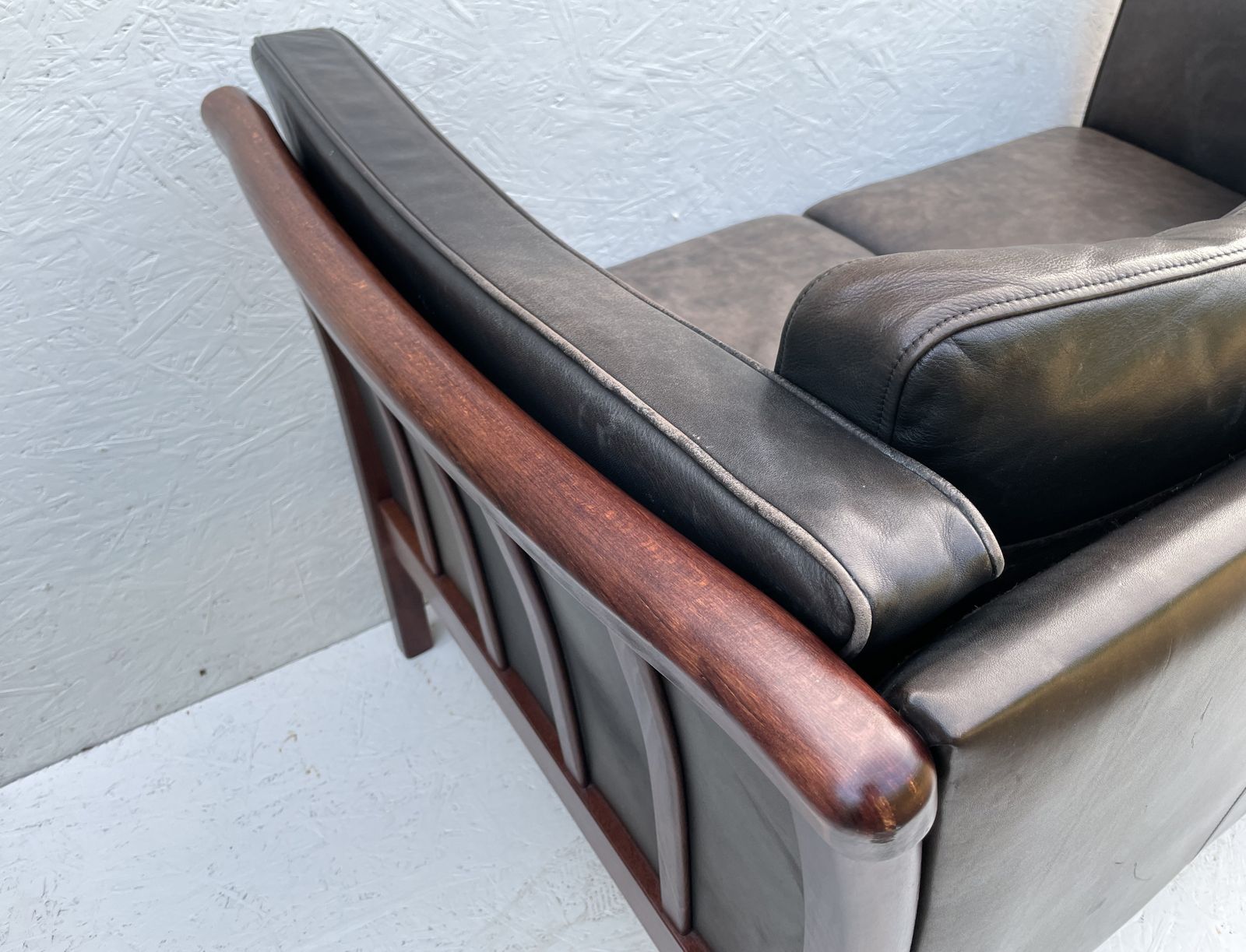 Danish Two Seater Leather And Slat Wood Sofa photo vintage