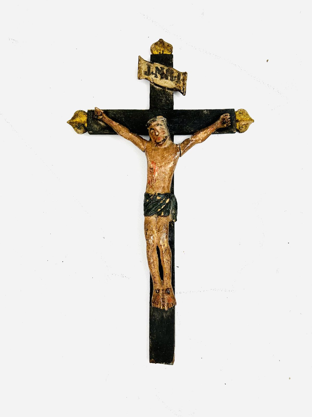A Primitive Inri Carved & Painted Inri Last Rites Corpus On Wooden Cross   Religious Art photo for sale