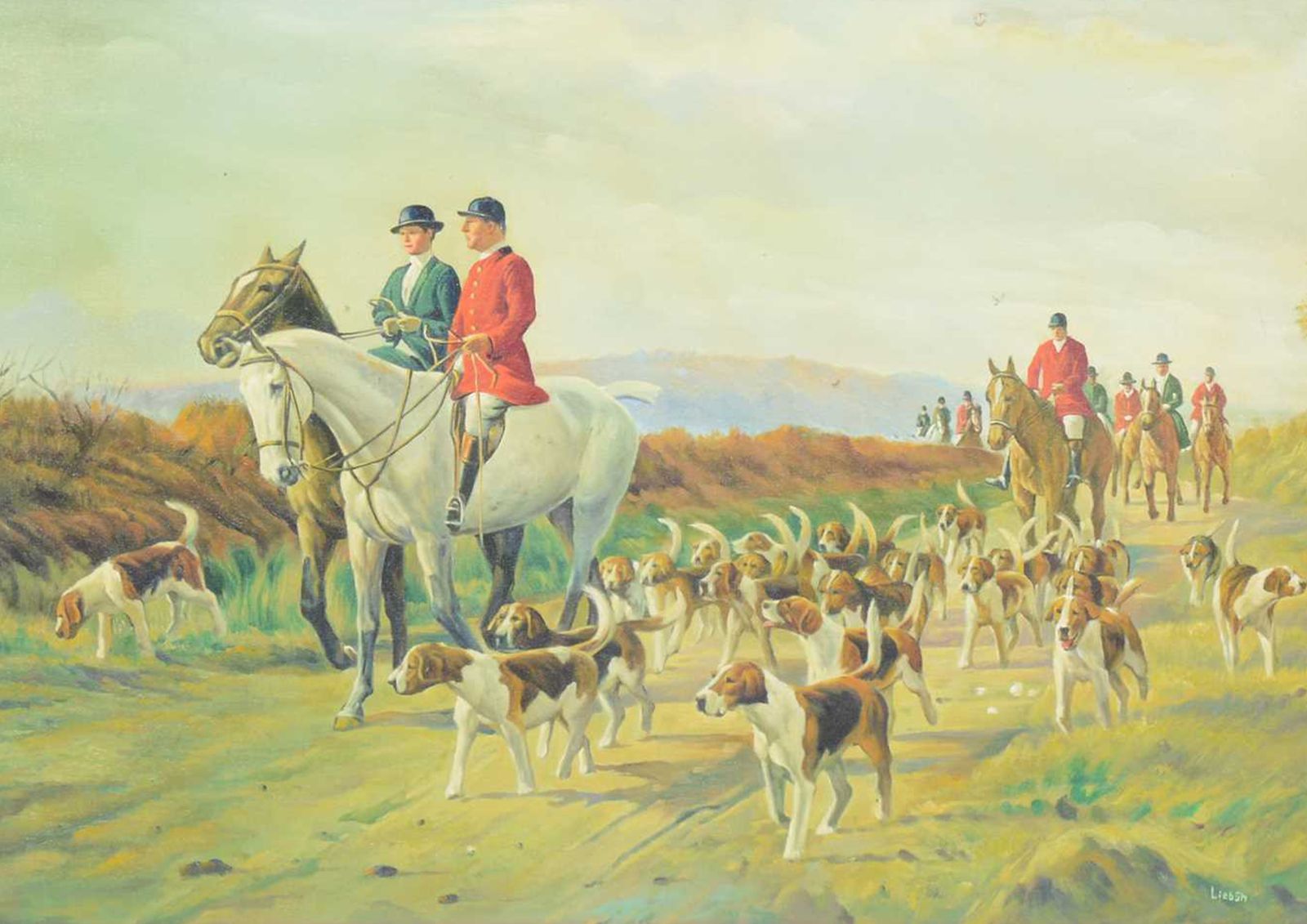 Ferdinand Liebsch (B.1816  D.1905) "Lost Scent Hunt On Moorland" Oil On Canvas Signed Ol