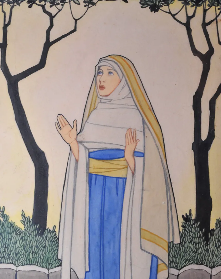 Art Deco Watercolour Framed Art Work Of A Catholic Nun Dated And Signed G Hastain 1927 With G Staples Of Croydon Label To Rear Ol photo Art
