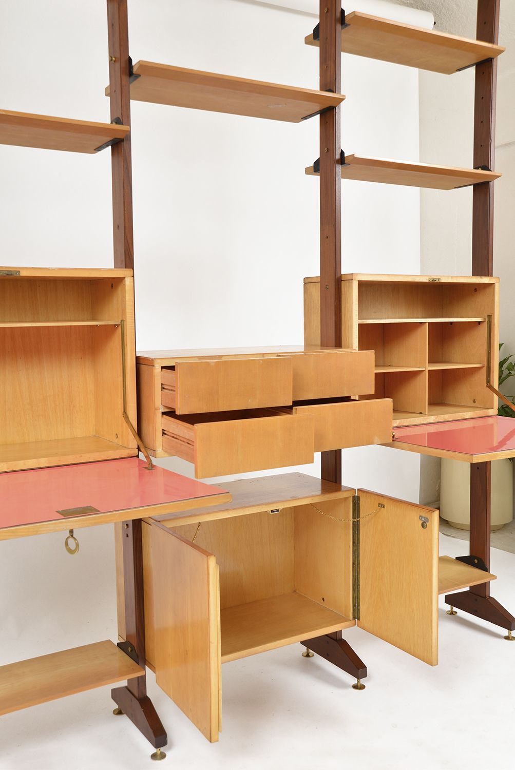 Large 1950s Italian Mid Century Teak Maple Freestanding Shelving System 18 Pieces photo vintage