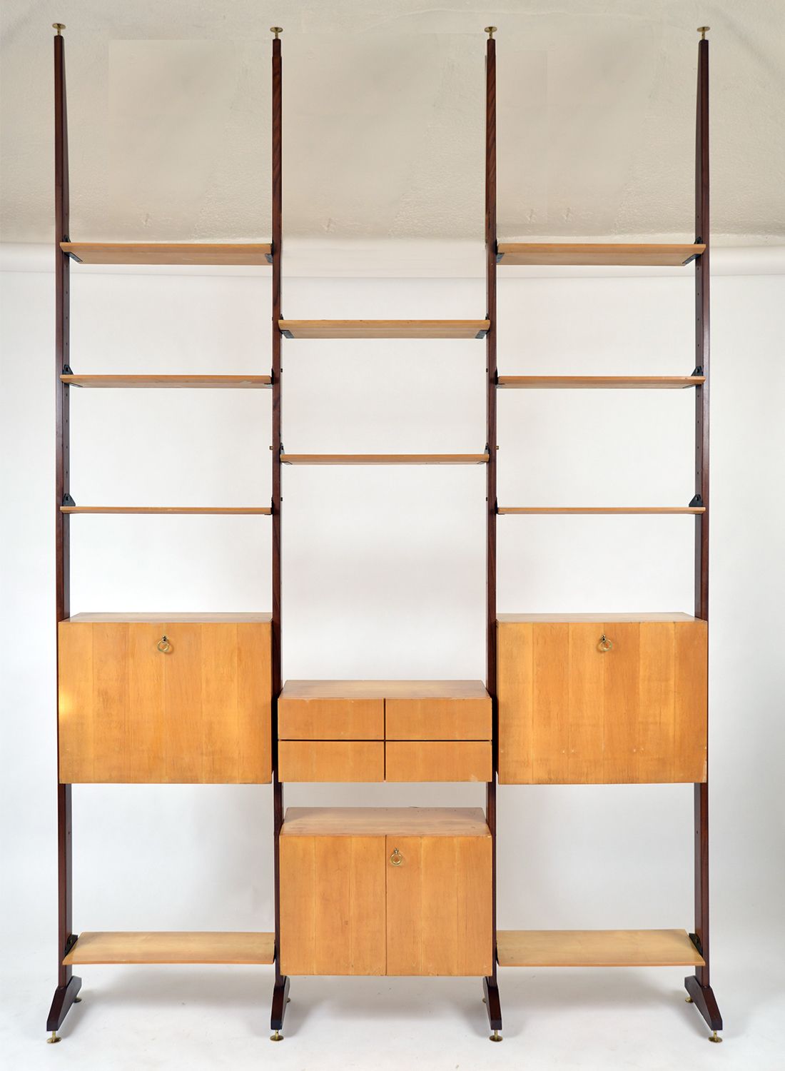 Large 1950s Italian Mid Century Teak Maple Freestanding Shelving System 18 Pieces