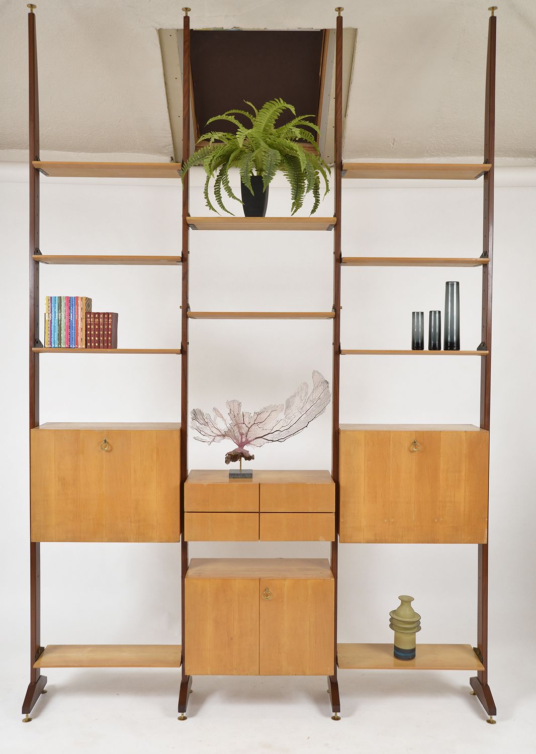 Large 1950s Italian Mid Century Teak Maple Freestanding Shelving System 18 Pieces photo Furniture