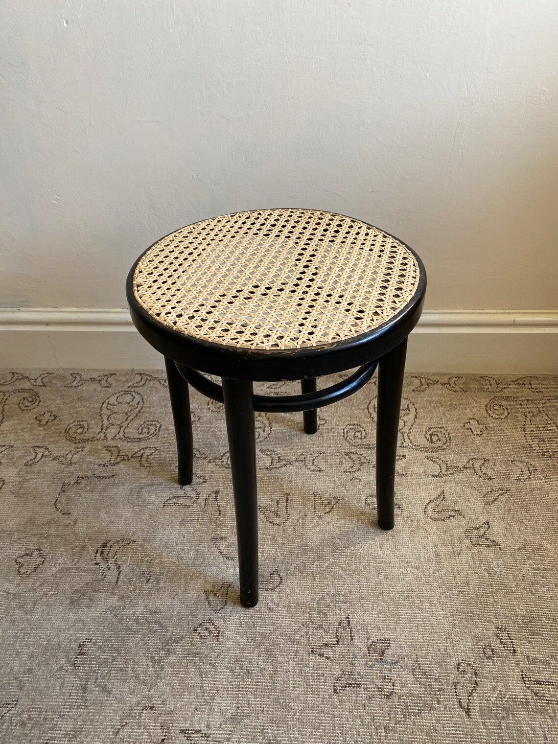 Bentwood & Cane Stool With Ebonised Finish, Recaned Mid Century Piece C. 1960 By Dinette Thonet, Vintage Black Beech Wooden Stool photo for sale
