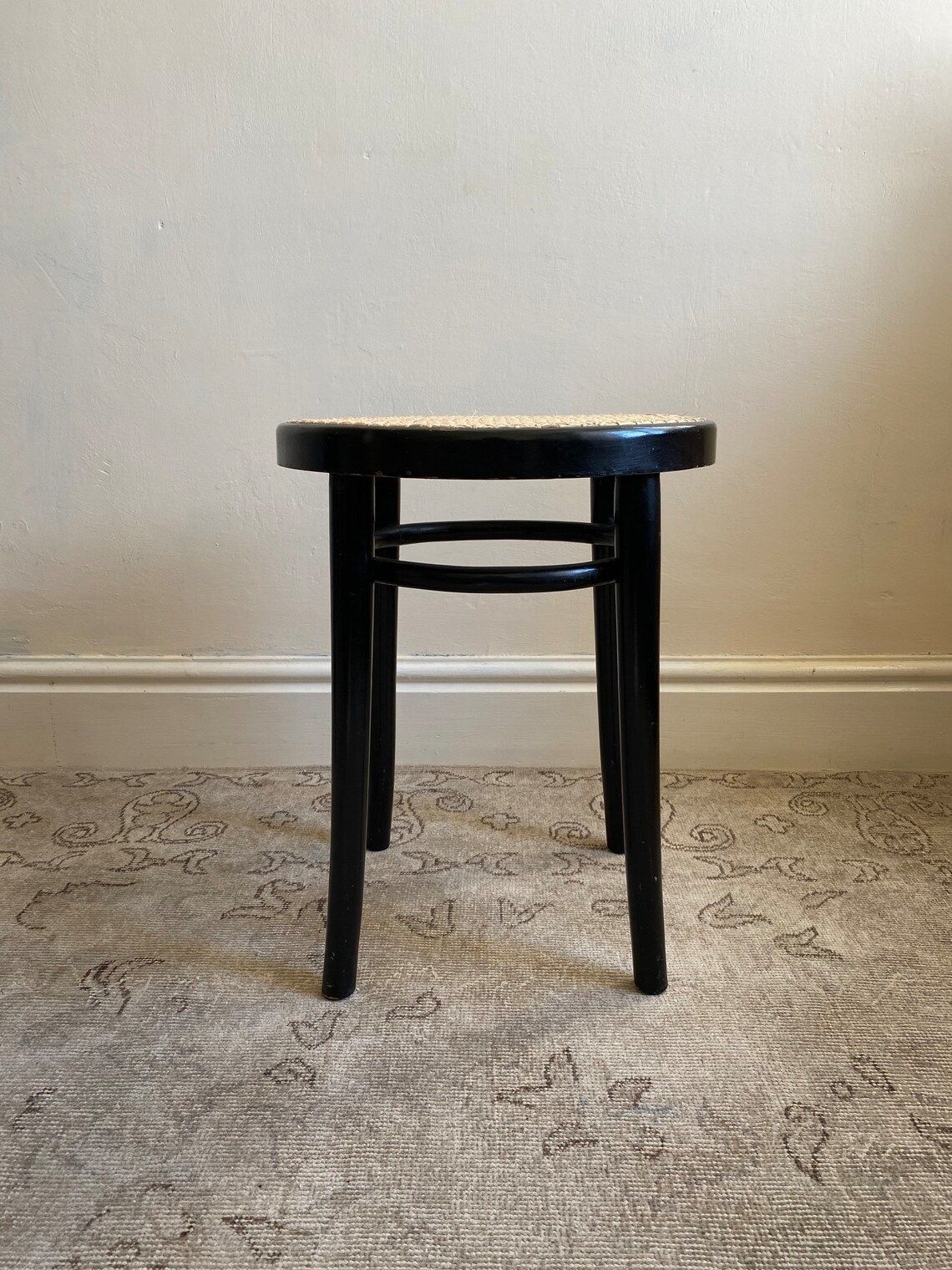 Bentwood & Cane Stool With Ebonised Finish, Recaned Mid Century Piece C. 1960 By Dinette Thonet, Vintage Black Beech Wooden Stool photo buy