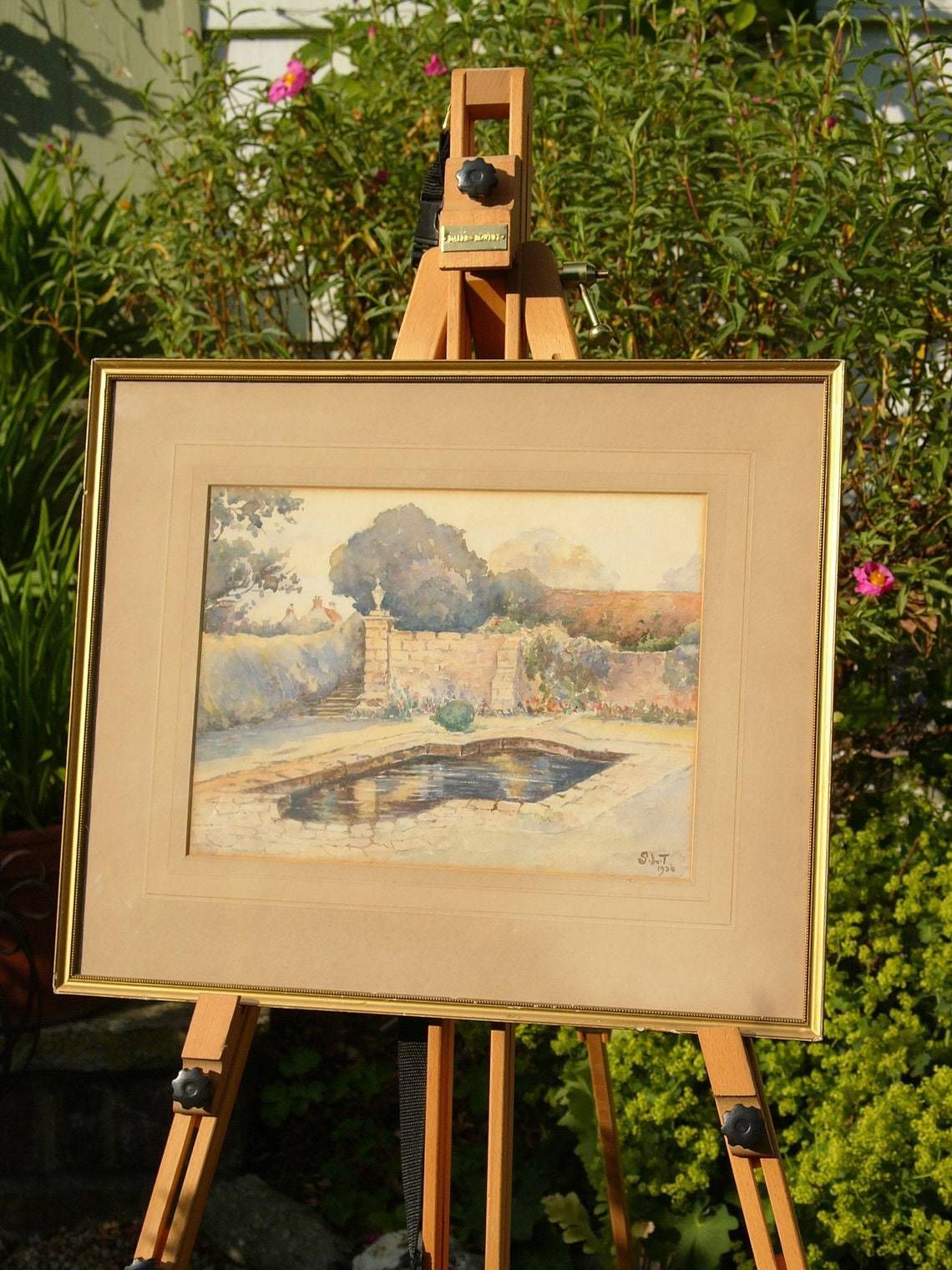 Vintage 1930 Signed Watercolour Painting Of A Formal Garden Pond photo for sale