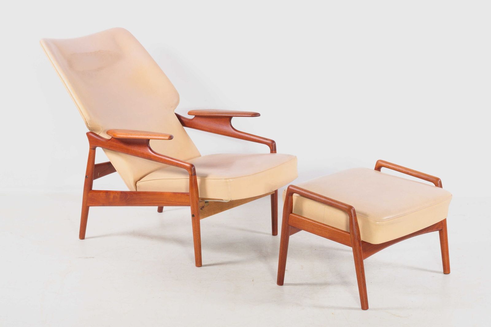 Wing Chair With Footstool. Teak And Imitation Leather, John Boné, Vintage, Denmark, Ca 1965 photo Furniture