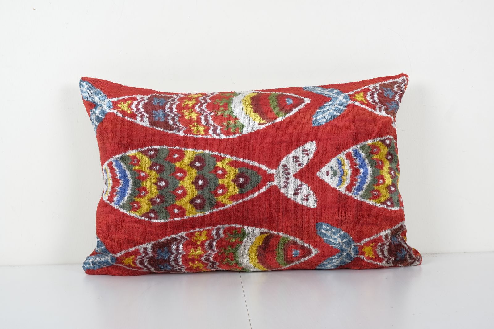 Fish Ikat Velvet Pillow, Red Silk Lumbar  Cover, Boho Pillow, Uzbek Velvet Cushion Cover 16'' X 24''