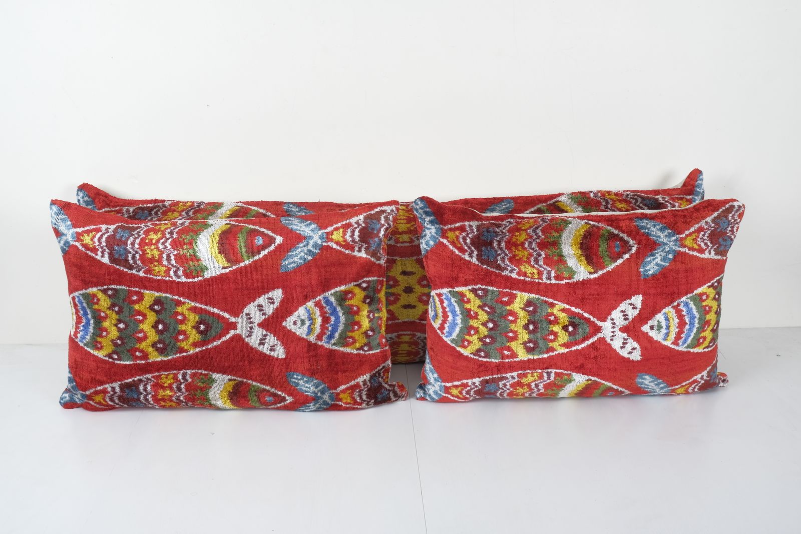 Fish Ikat Velvet Bedding Pillow, Set Of Three Red Silk Lumbar Cover, Matching Boho Pillow, Uzbek Velvet Cushion Cover photo furniture