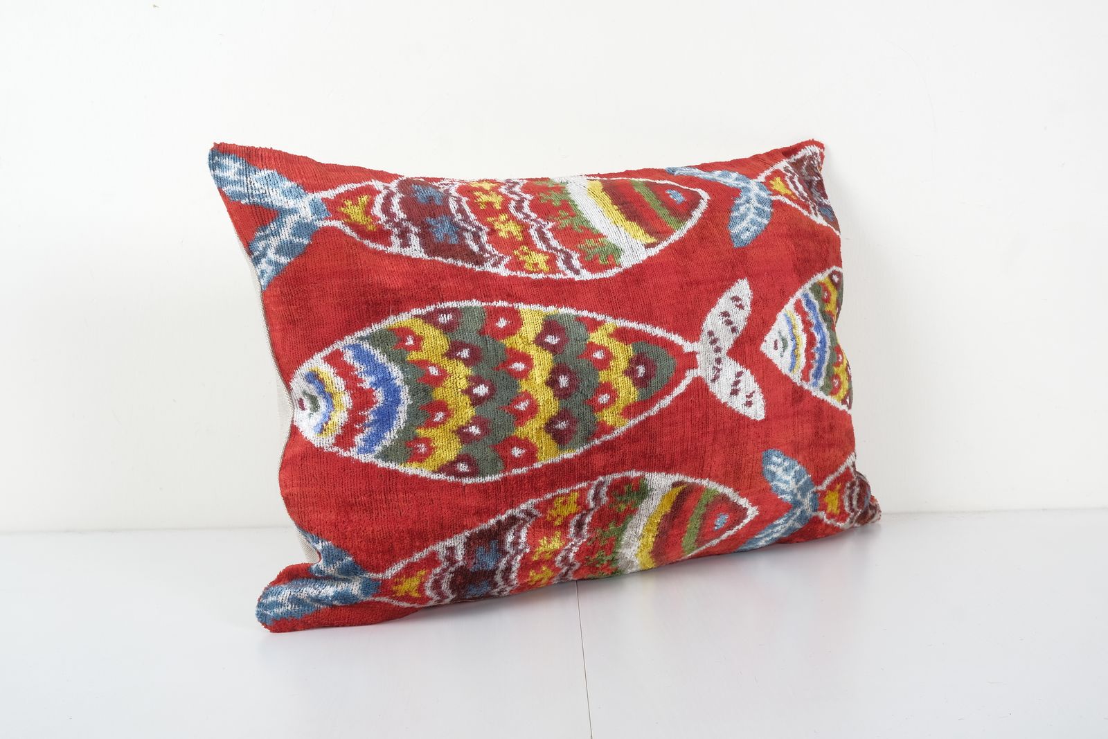 Fish Ikat Velvet Pillow, Red Silk Lumbar  Cover, Boho Pillow, Uzbek Velvet Cushion Cover 16'' X 24'' photo Textiles