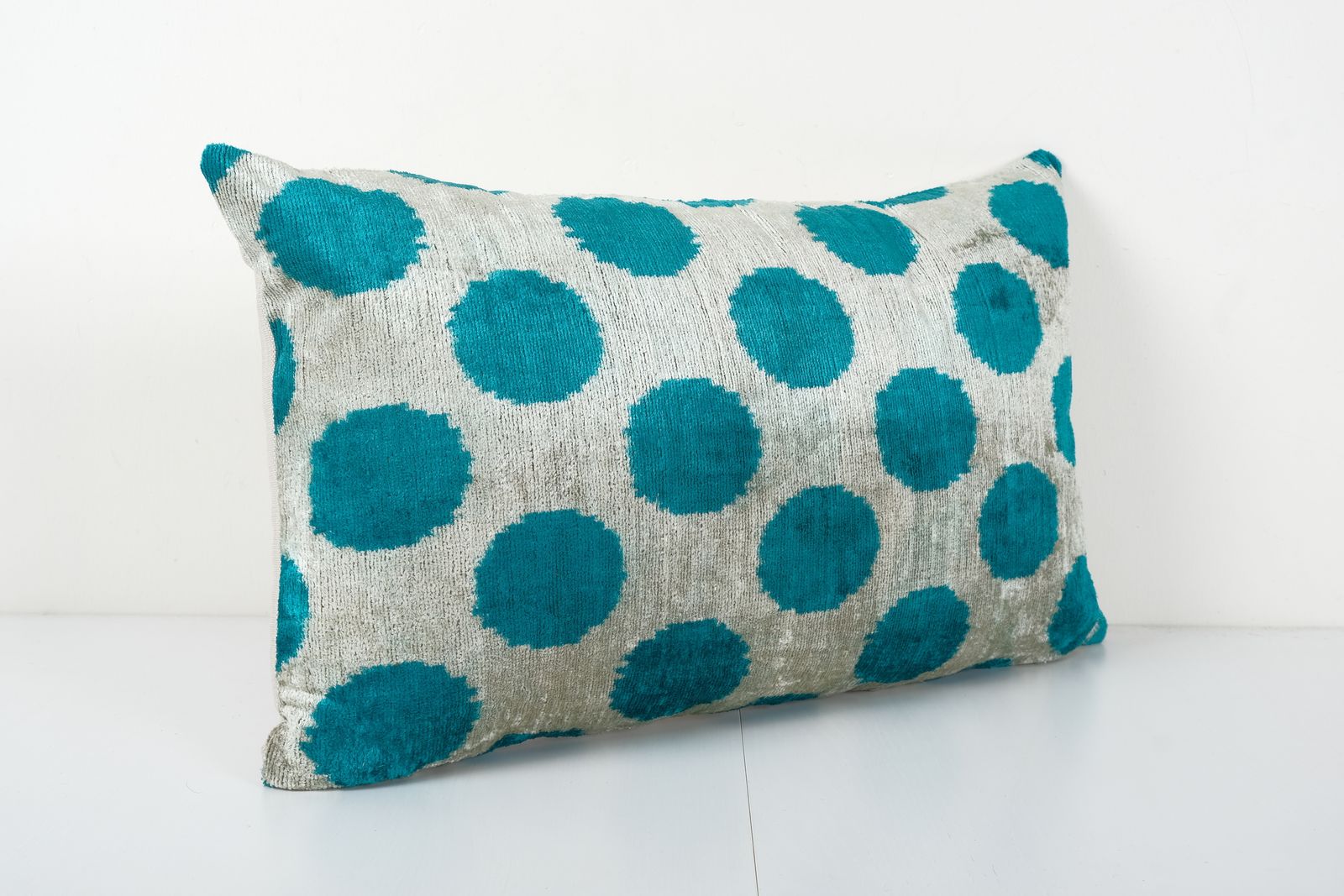 Blue Ikat Velvet Pillow Cover, Silk Velvet Polka Dot Pillow Cover, Handloom Ikat Pillow Geometric Ikat Velvet Pillow Cover 16'' X 24'' photo for sale