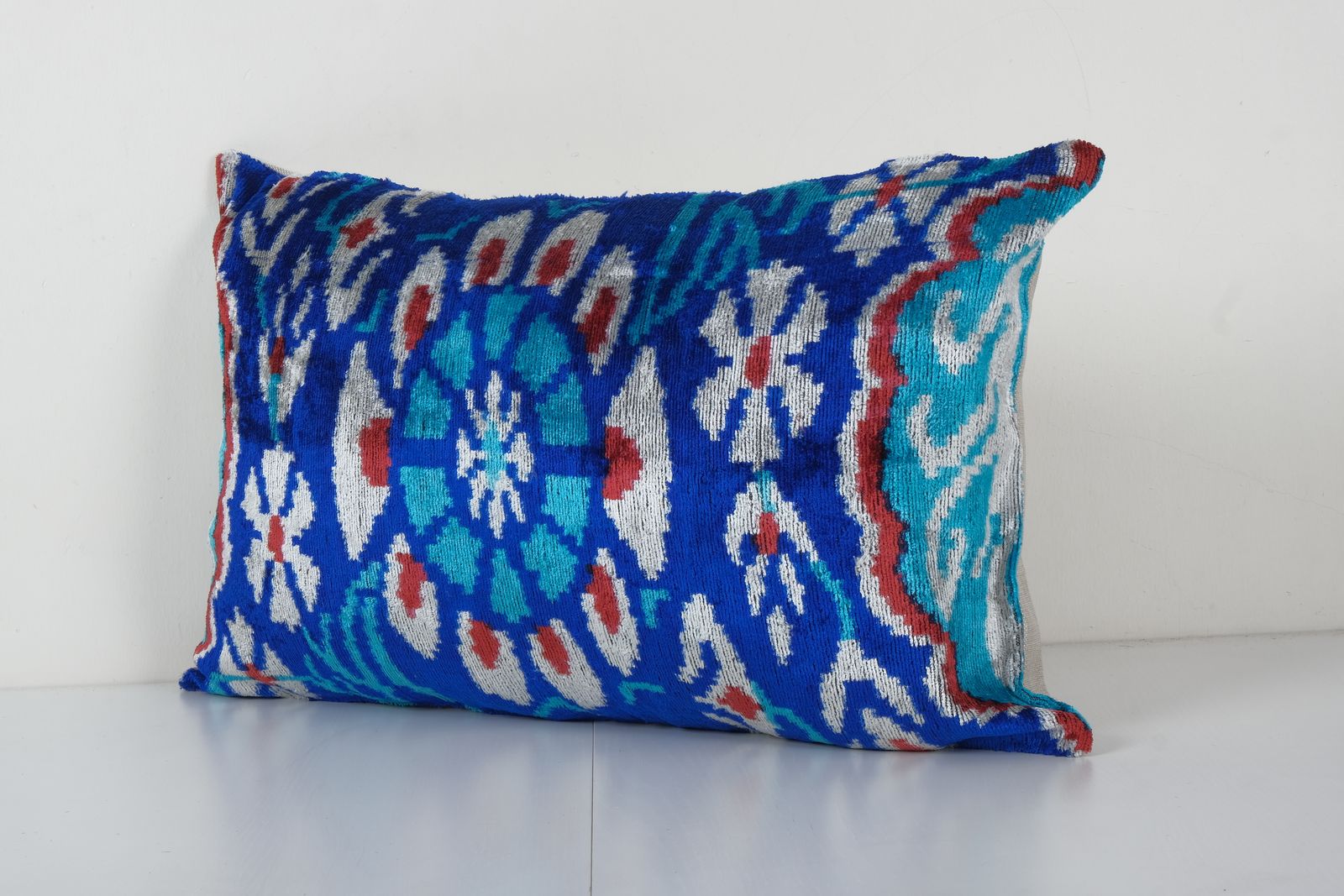 Ikat Velvet Pillow   Blue Silk Lumbar Cushion Cover   Boho Home Decor 16'' X 24'' photo Textiles