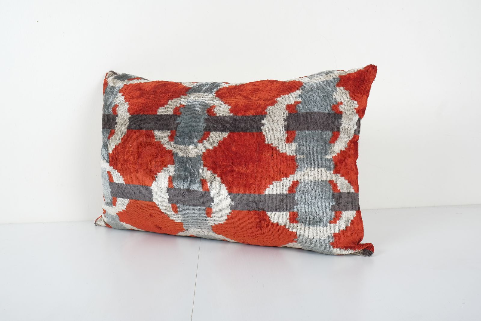 Red Silk Ikat Velvet Pillow Cover   Handloom Lumbar Designer Ikat Oblong Cushion 17'' X 26'' photo furniture