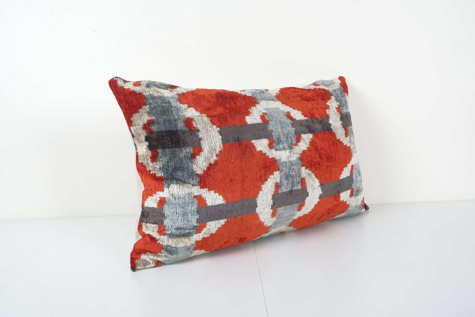 Red Silk Ikat Velvet Pillow Cover   Handloom Lumbar Designer Ikat Oblong Cushion 17'' X 26'' photo Textiles