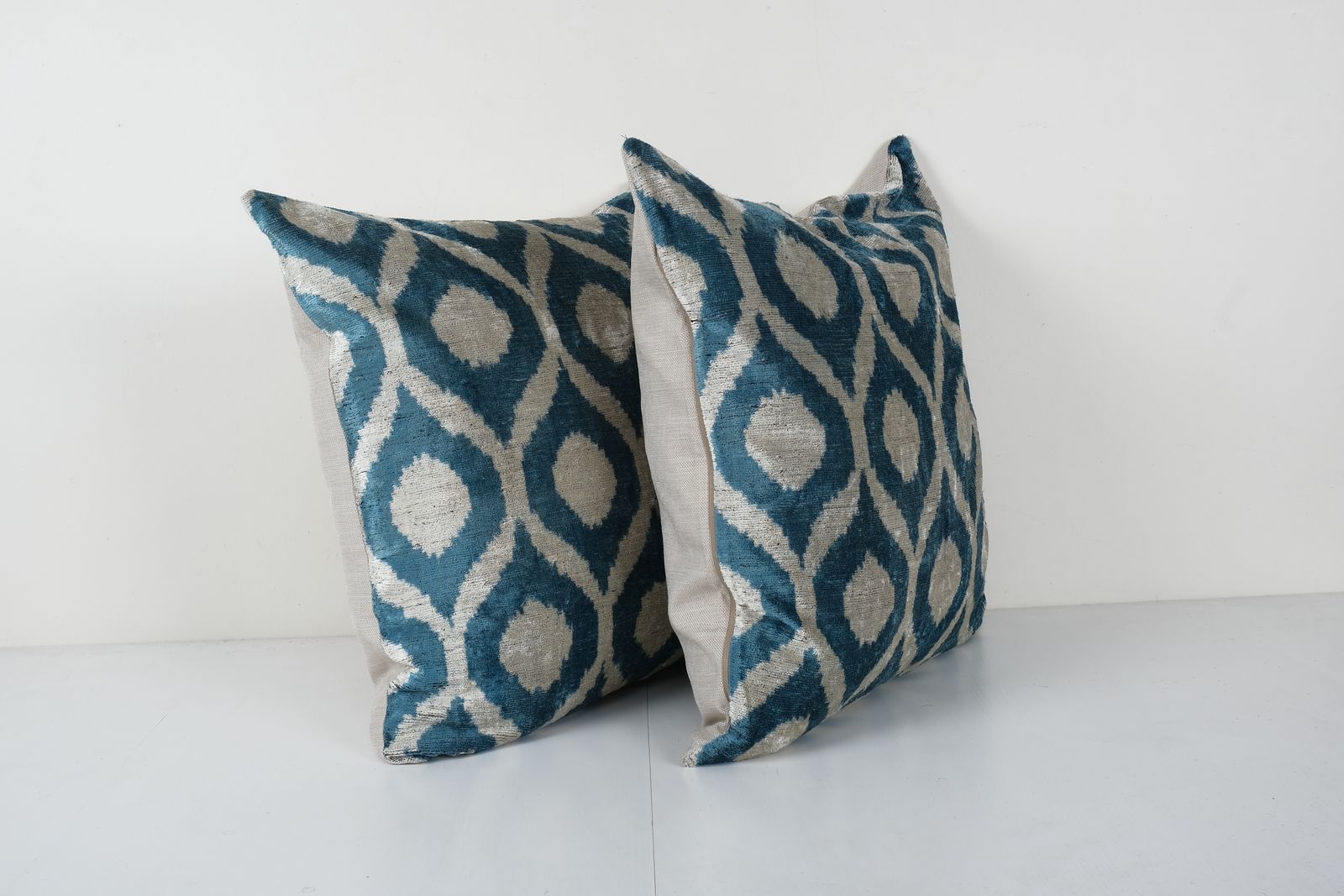 Blue Ikat Velvet Pillow Cover, Set Turkish Polka Dot Cushion Cover, Pair Ethnic Silk Ikat Velvet Pillowcase 23'' X 23'' photo Textiles