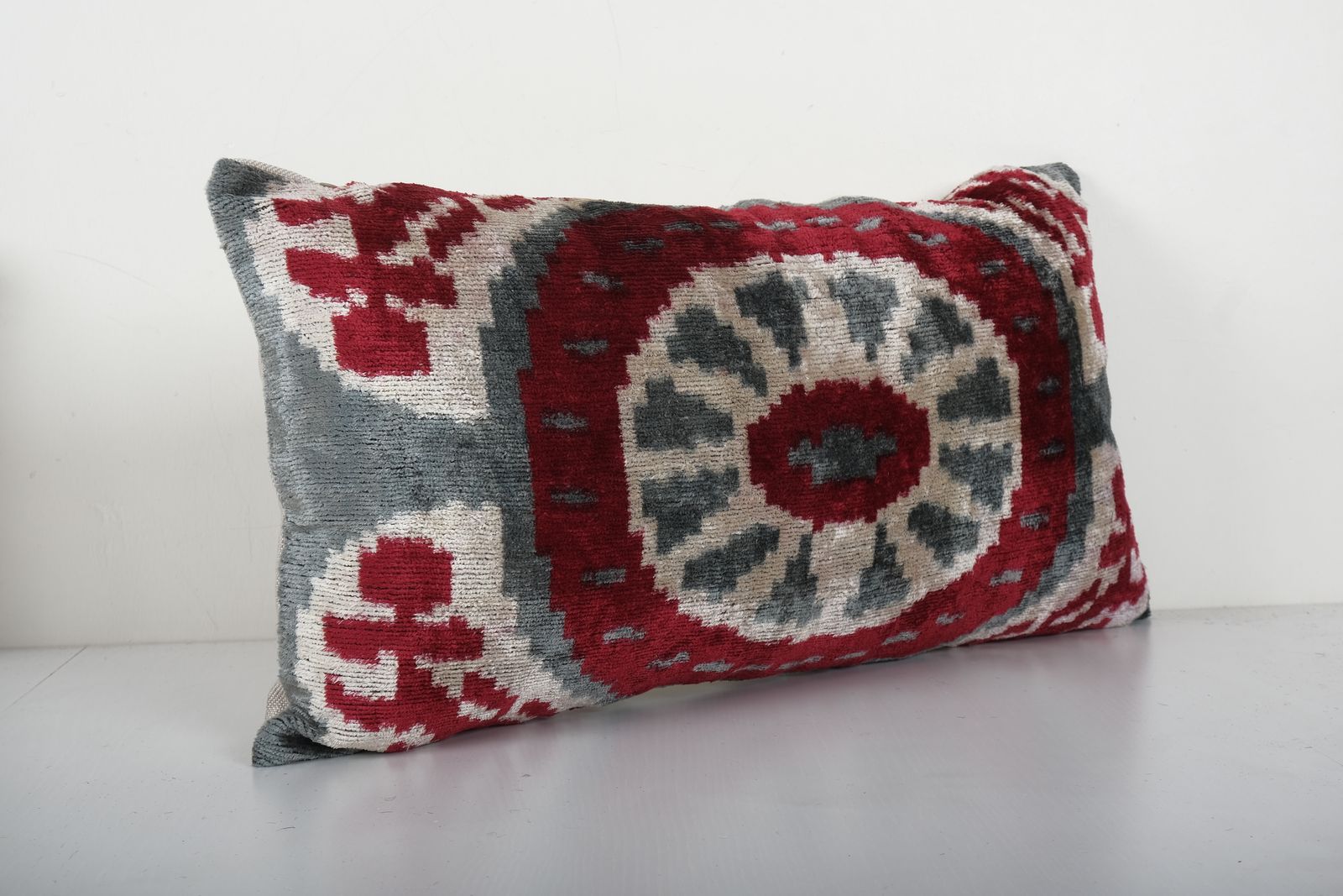 Silk Ikat Velvet Pillow, Handloom Granite Gray Lumbar  Cover, Boho Throw Pillow 13'' X 24'' photo Textiles