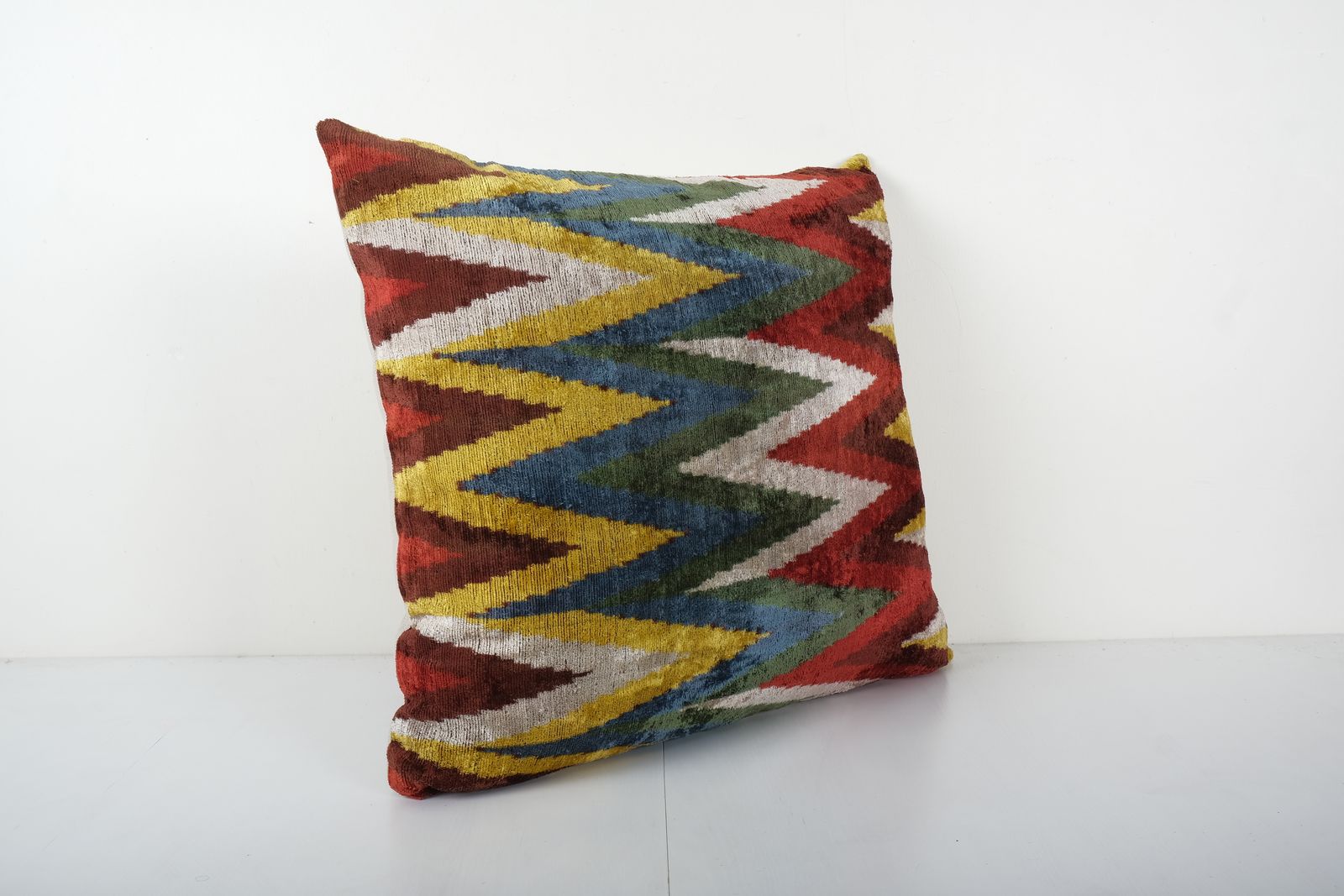 Zig Zag Design Silk Ikat Velvet Pillow, Square Handloomed Cushion Cover, Coloful Velvet Couch Pillow Case 26'' X 26'' photo Textiles