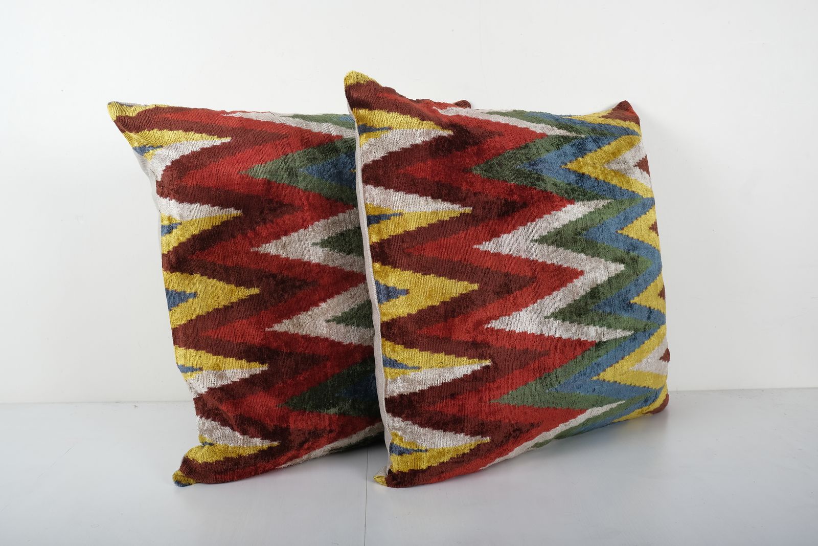 Square Silk Ikat Velvet Pillow Cover   Set Colorful Zig Zag Pillowcase   Uzbek Designer Couch Cushion 26'' X 26'' photo 140.0