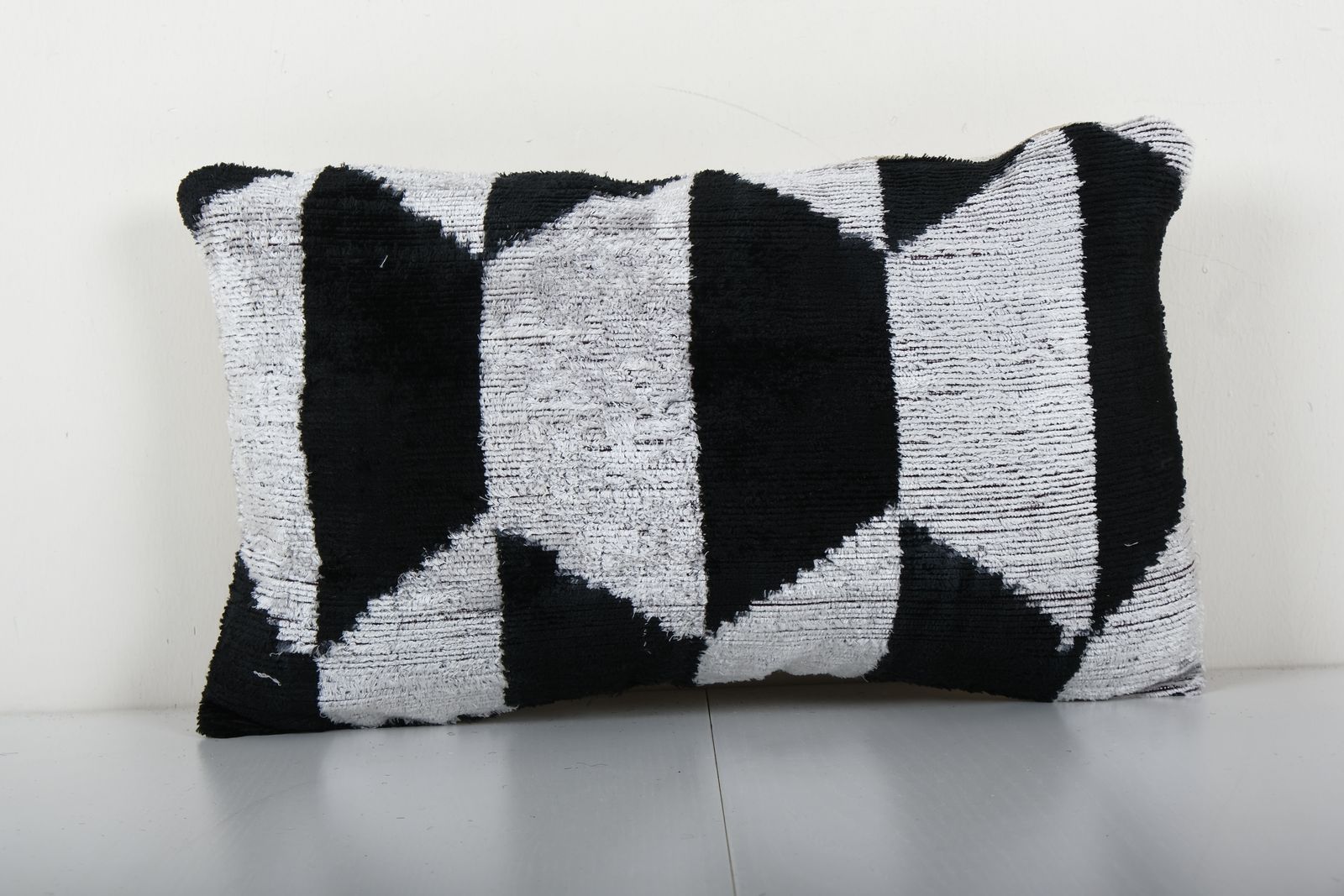 Ikat Velvet Pillow, Silk Lumbar Body Cushion Cover, Black And Cream Boho Chic Pillow Cover 9'' X 16''