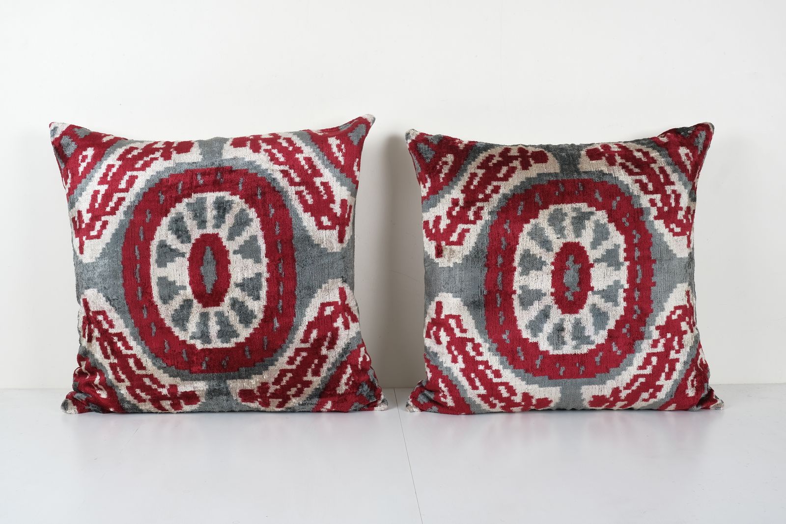 Granite Gray Silk Ikat Velvet Pillow, Set Of Two Silk Ikat Red Cushion Cover, Pair Square Velvet  24'' X 24''