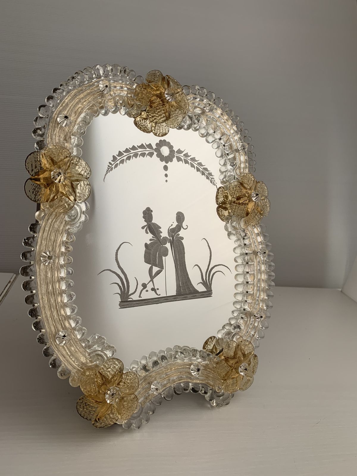 Transparent And Gold Murano Glass Photo Frame With Flowers. photo vintage