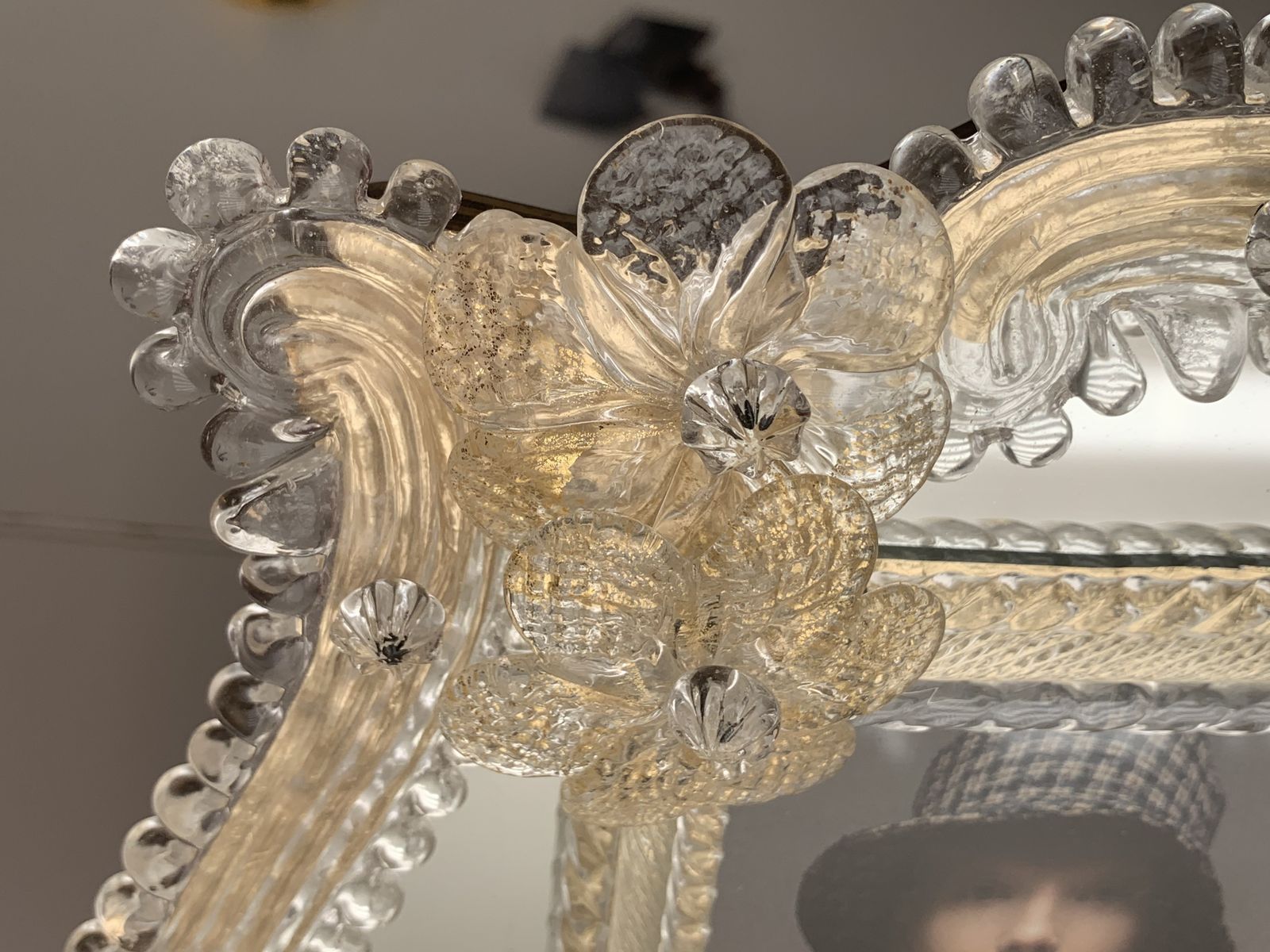 photo furniture Transparent And Gold Murano Glass Photo Frame With Flowers.