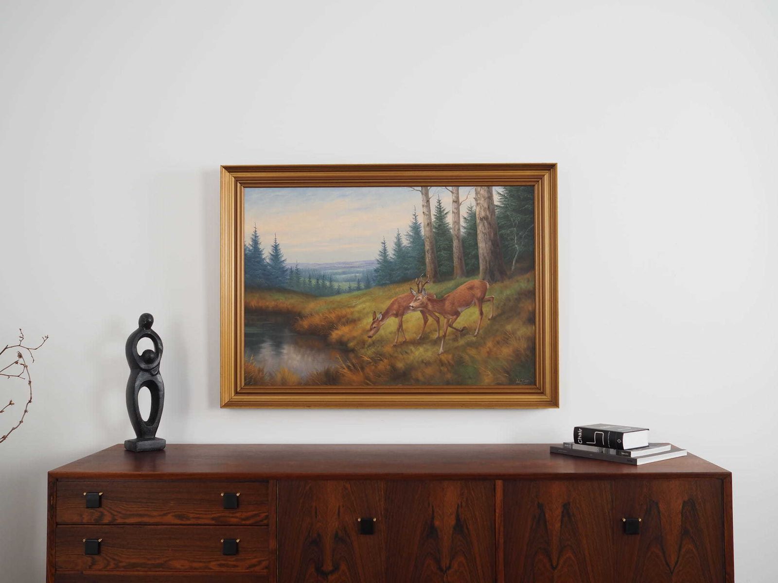 Painting „Two Deer By The Water”, Danish Design, 1960s, By Wolmer Zier photo for sale