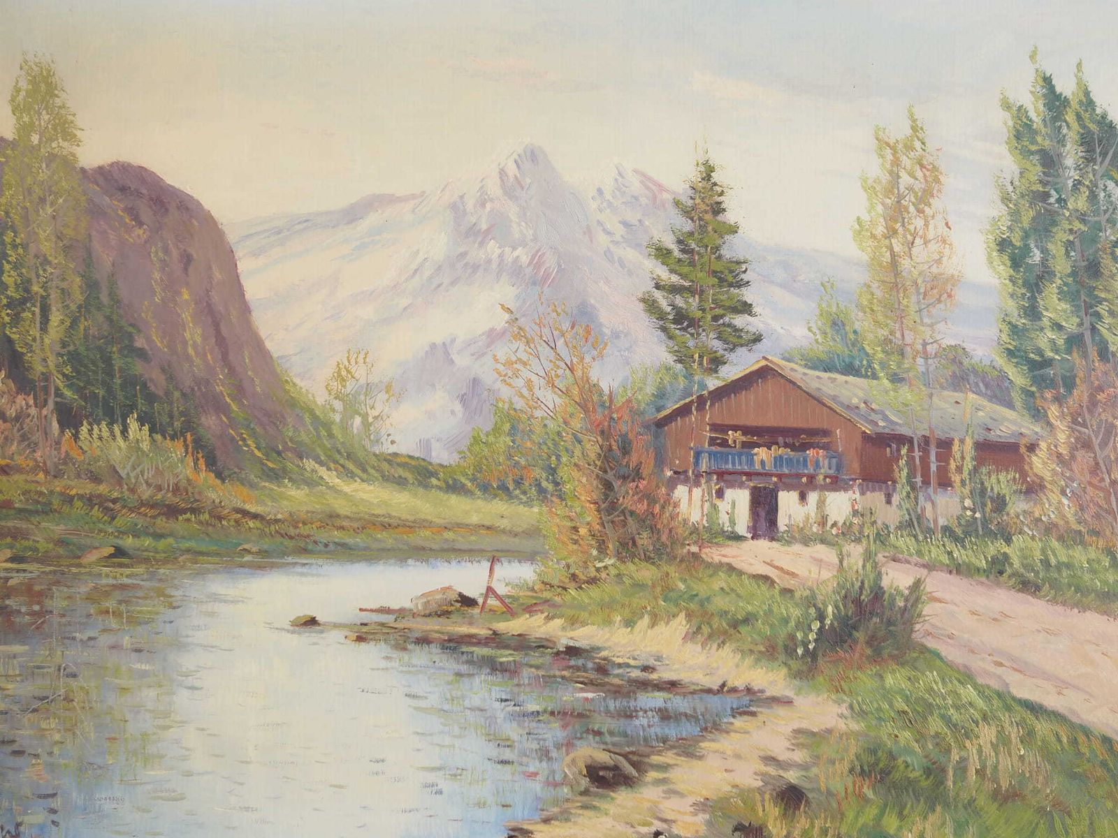 Schilderij „The Chalet At The Mountain Stream", Scandinavisch Design, Jaren 1970 photo Kunst