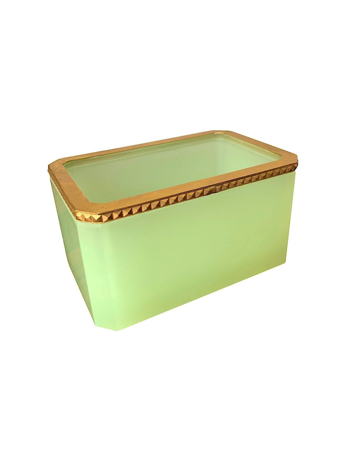 A 1950s Murano Green Opaline Jewellery Box With Gilt Metal Edging. photo for sale