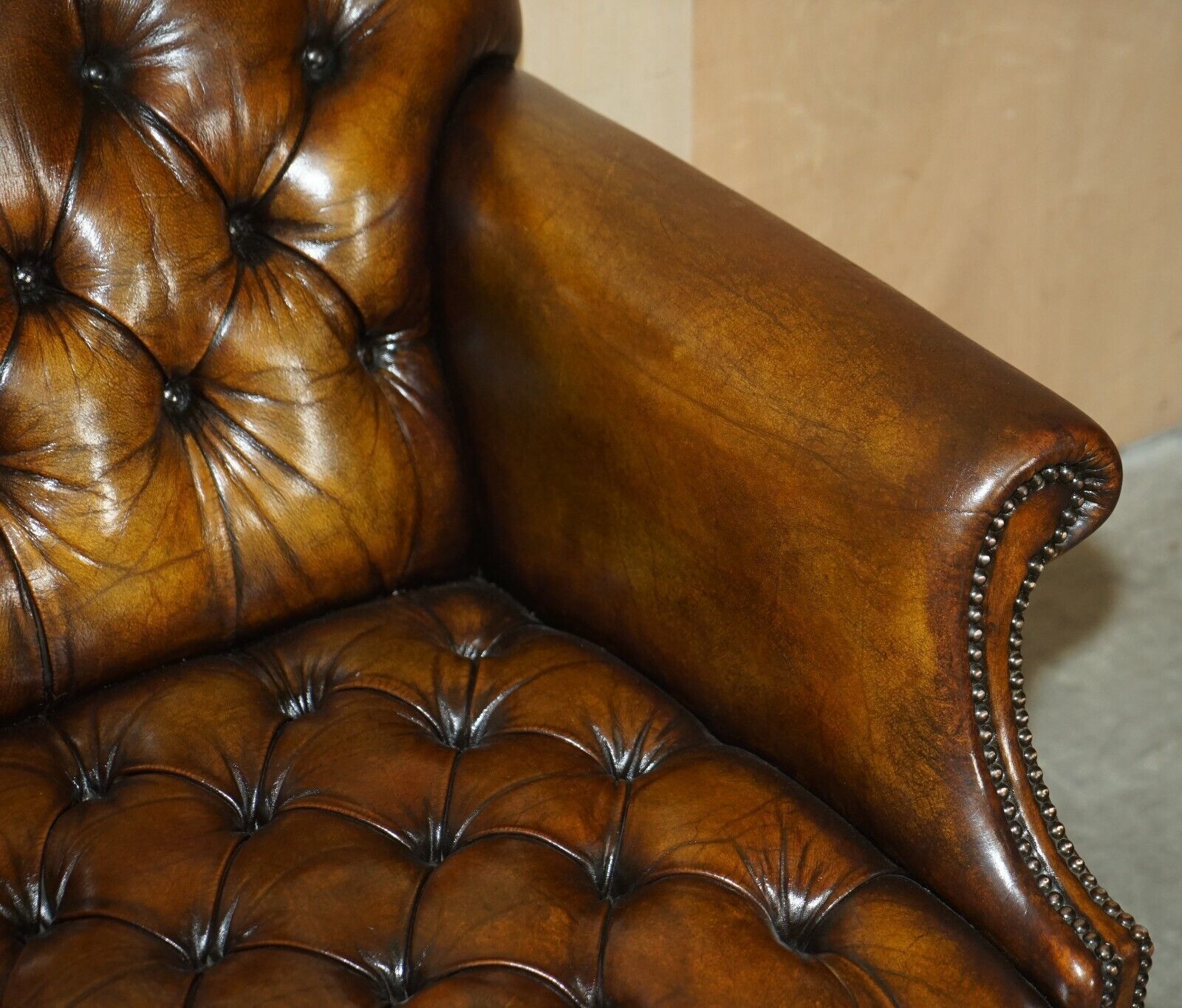 3750.0 Antique Restored Cigar Brown Leather Chesterfield Tufted Library Armchair photo