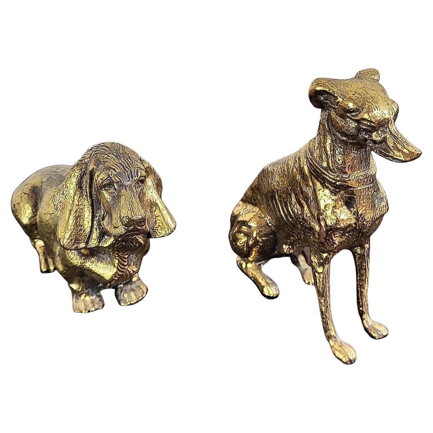 Pair Of Italian Desk Top Brass Bronze Dog Sculptures Paperweight Book Holders