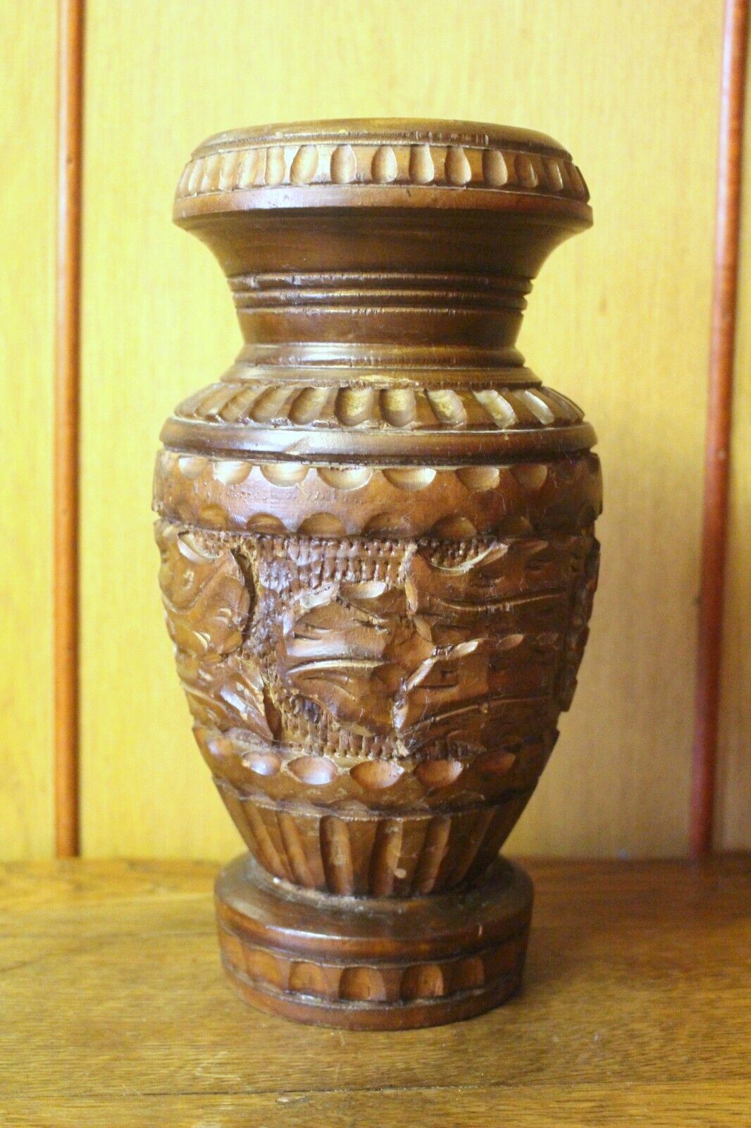 Vintage French Rustic Carved Wood Jar Hand Painted photo vinterior